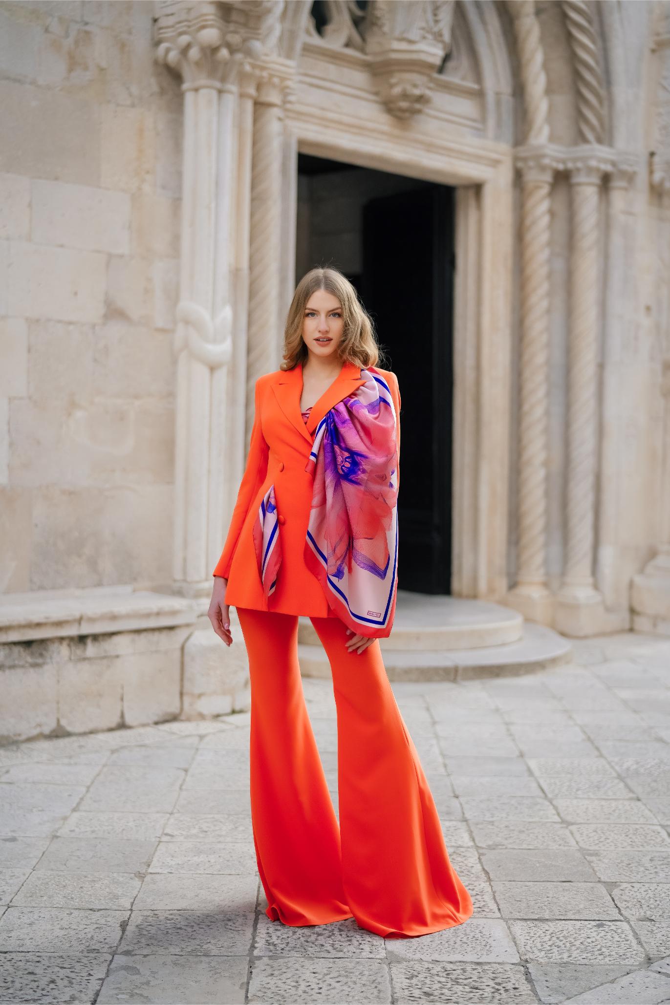 Orange Crepe Scarf Cutout Double Breasted Blazer