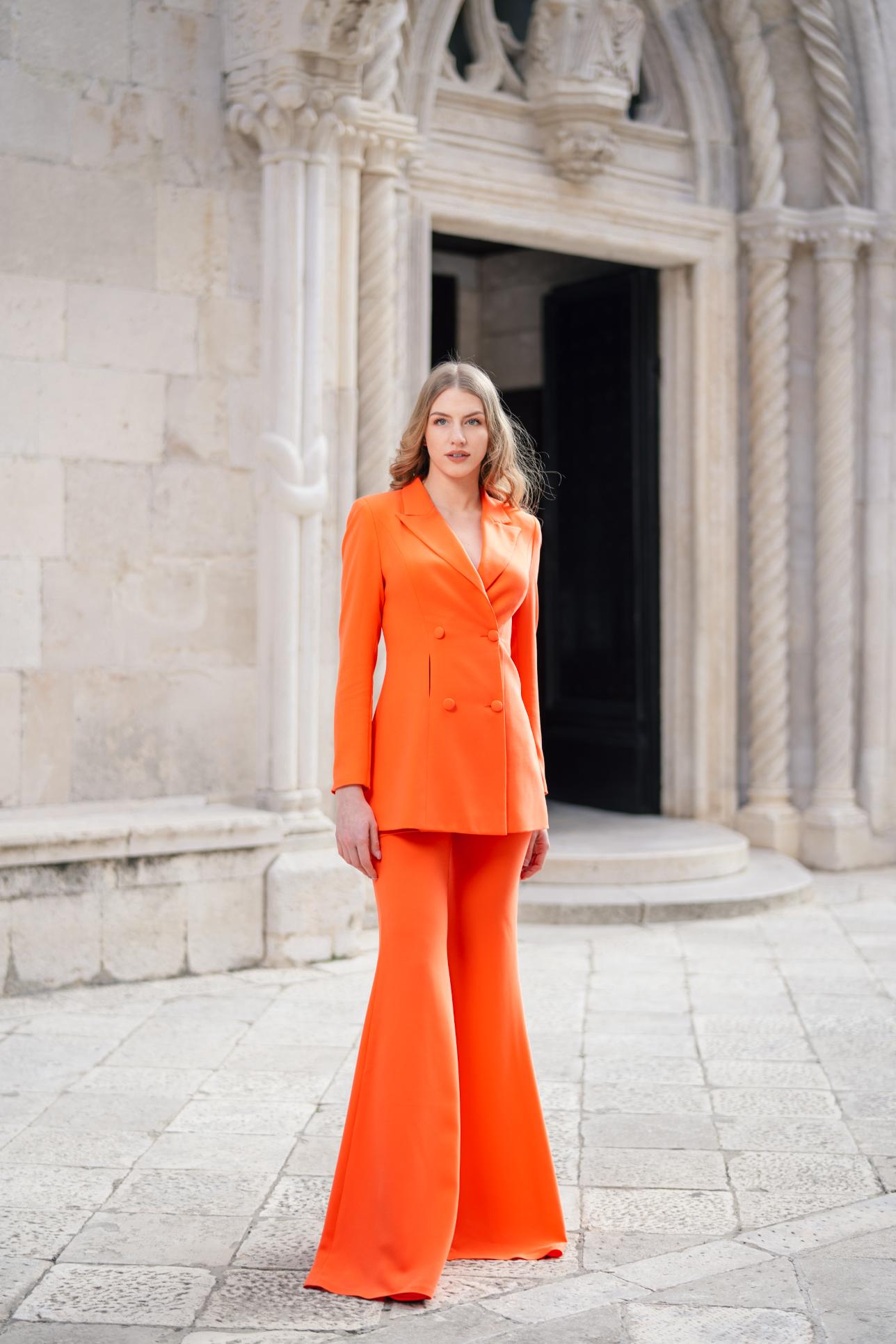 Orange Crepe Scarf Cutout Double Breasted Blazer