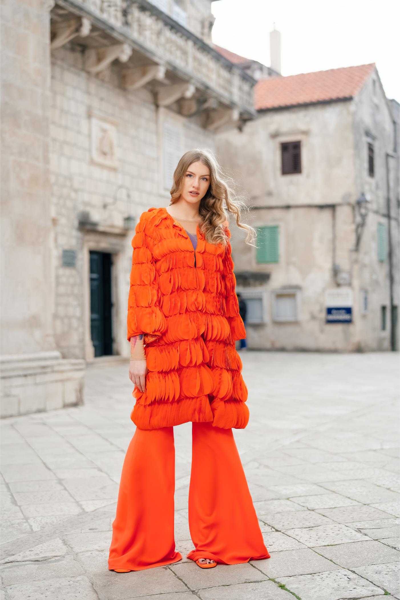 Orange Lasercut Ripple Effect Coat