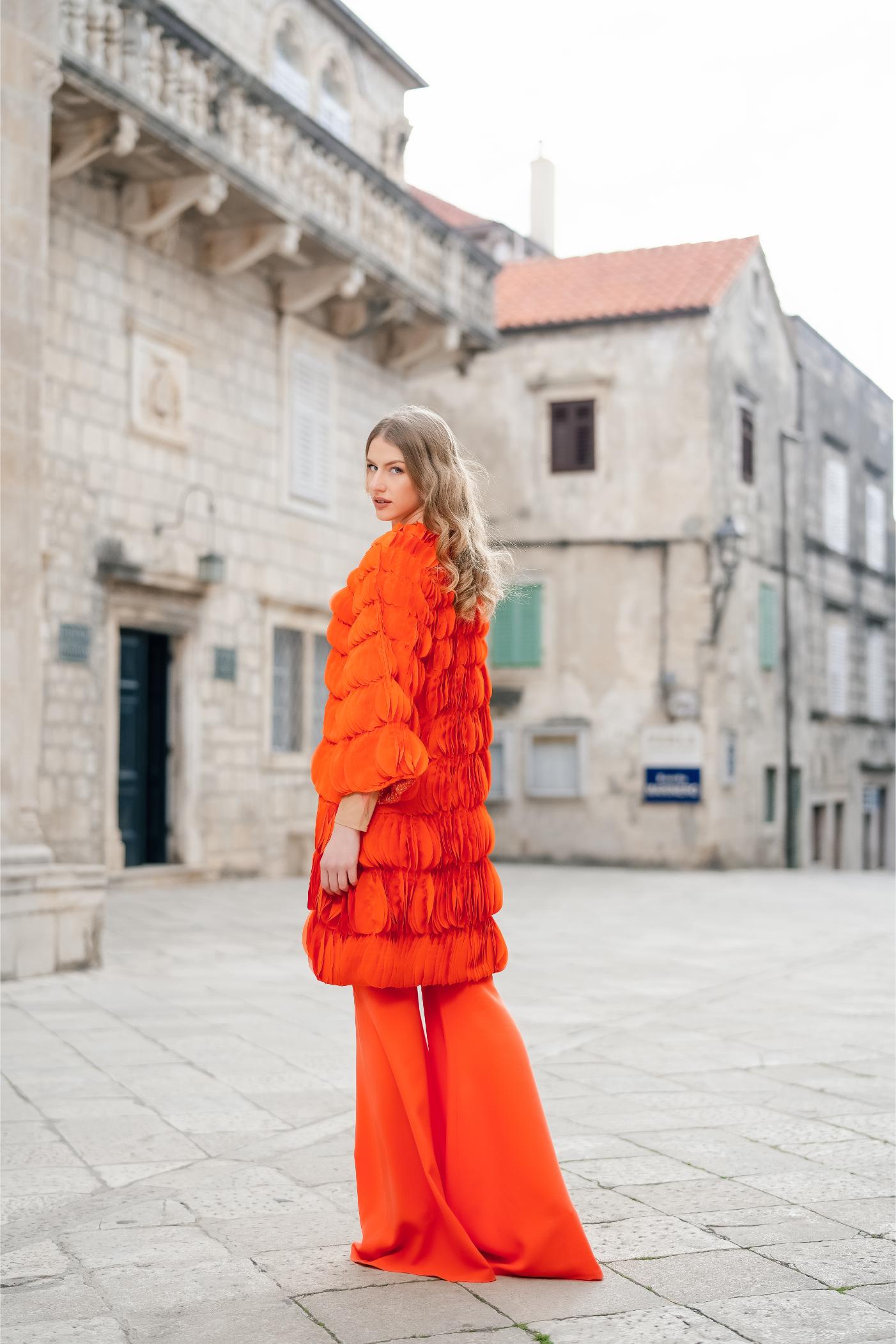 Orange Lasercut Ripple Effect Coat