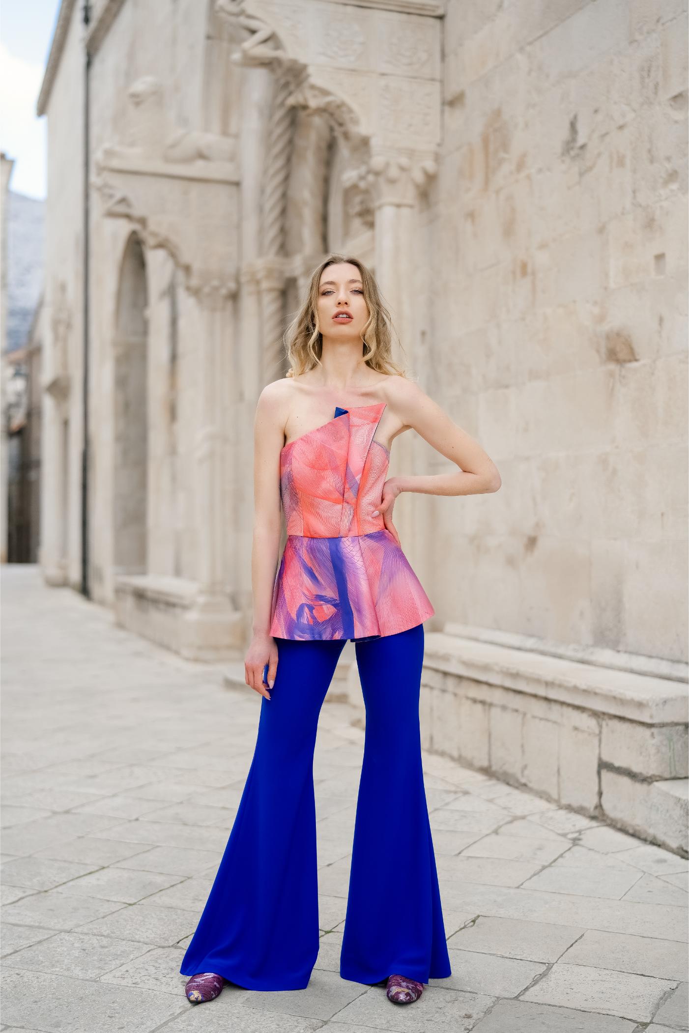 Pink Blue Satin Candy Sunset Print Corset