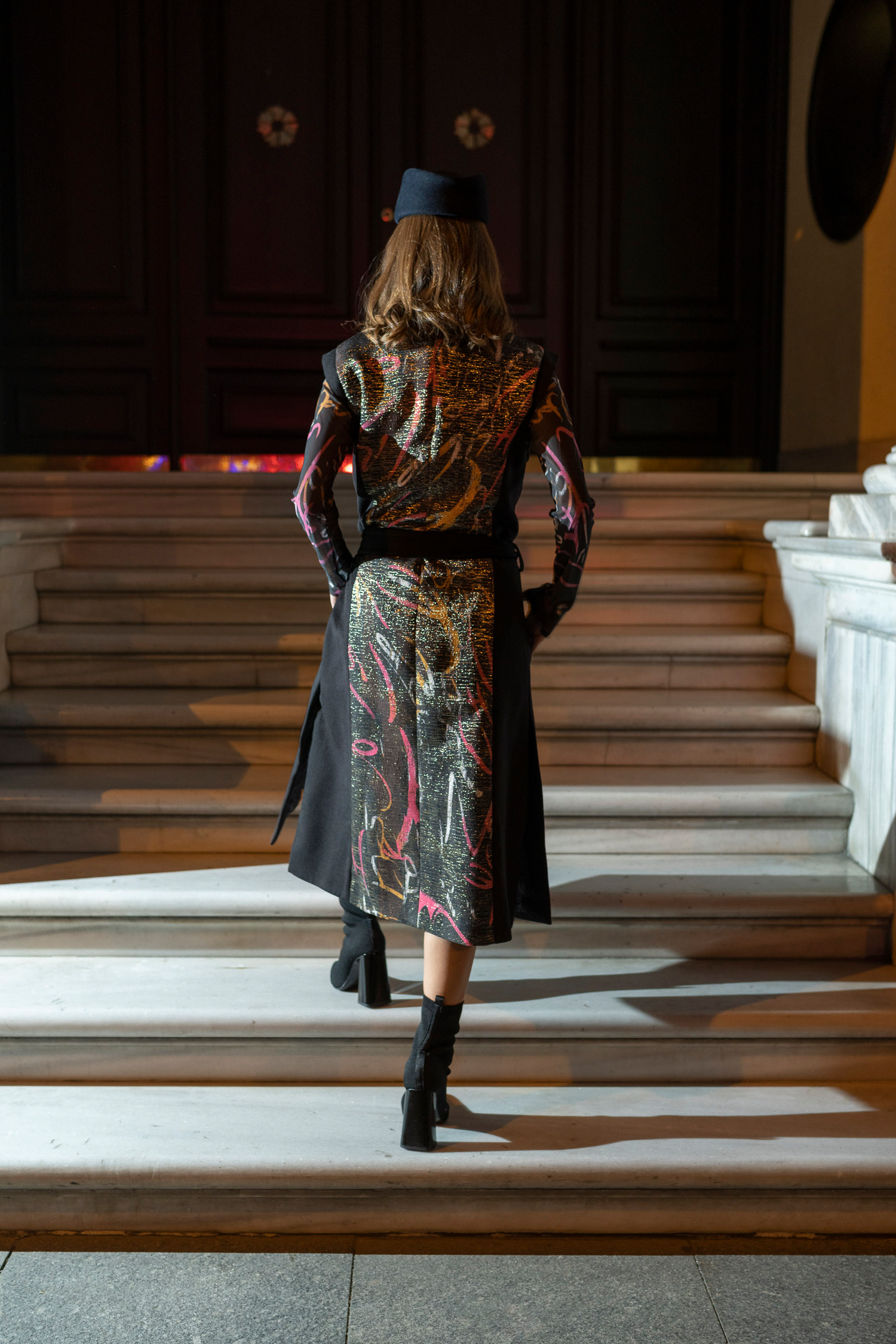 Black Magenta Yellow Bosančica Wool Brocade Sleeveless Coat