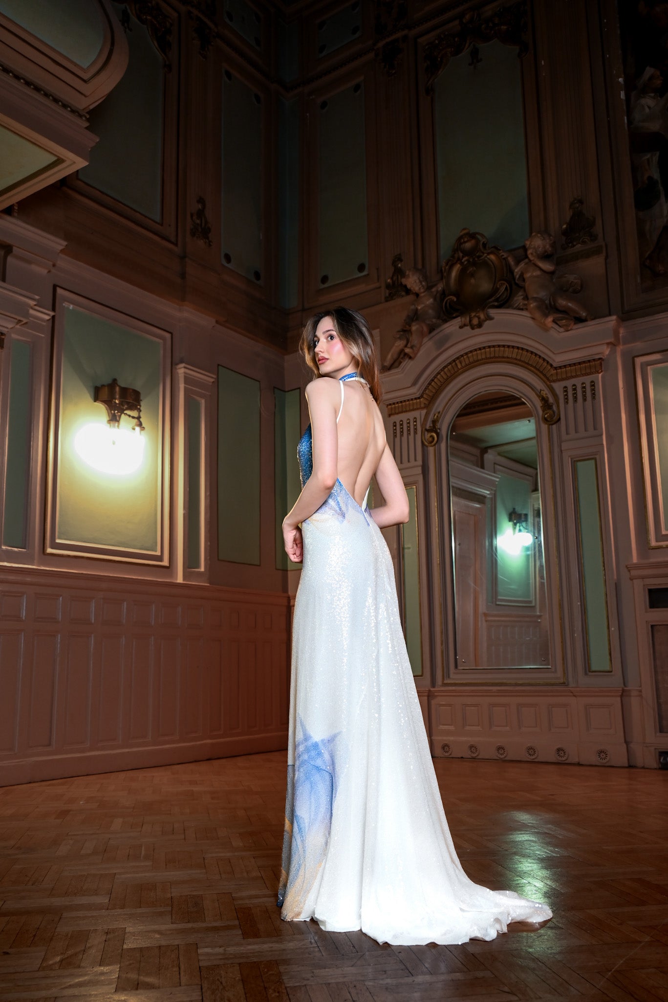 White, Blue and Yellow Lilium Bosniacum Sequin Dress