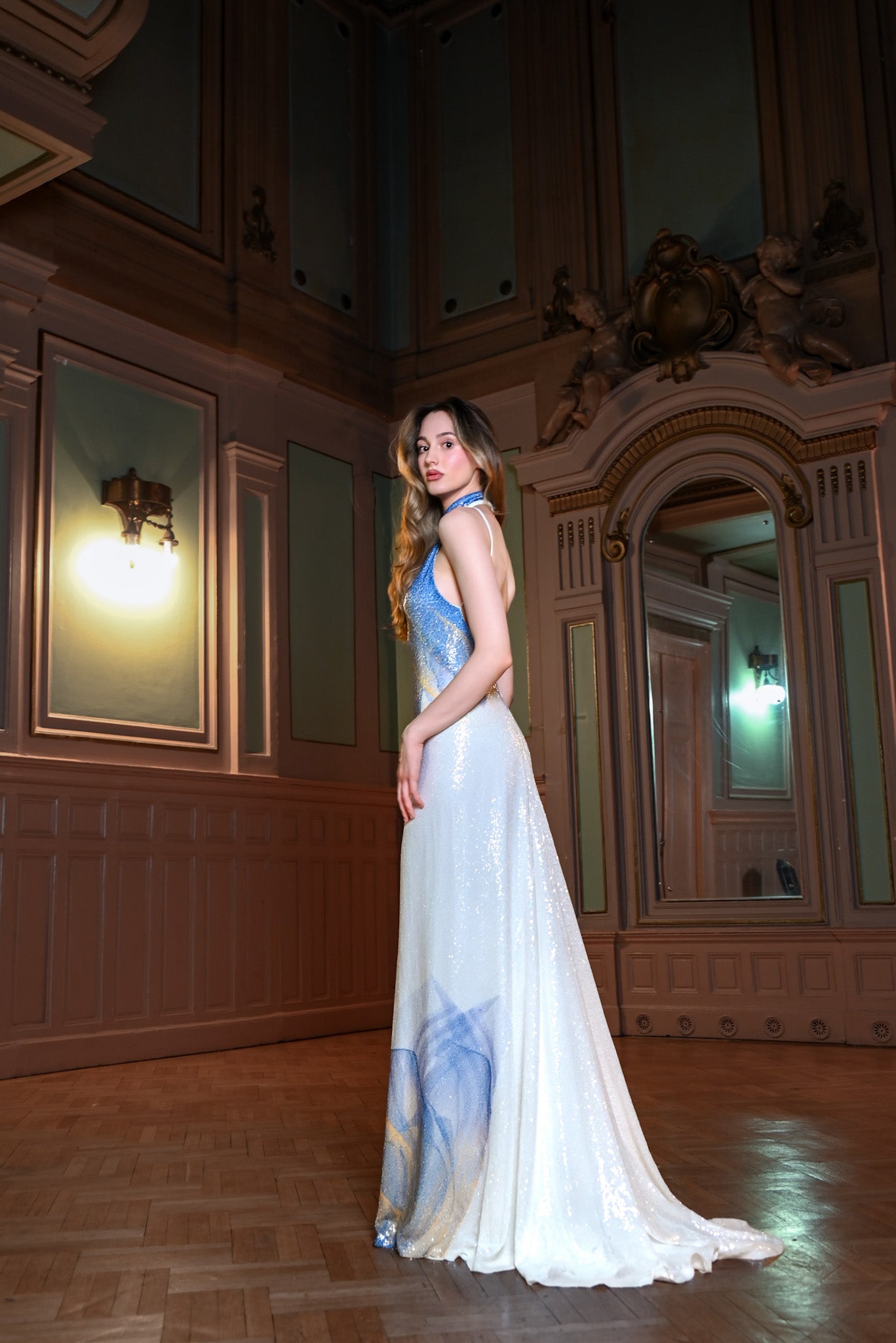 White, Blue and Yellow Lilium Bosniacum Sequin Dress