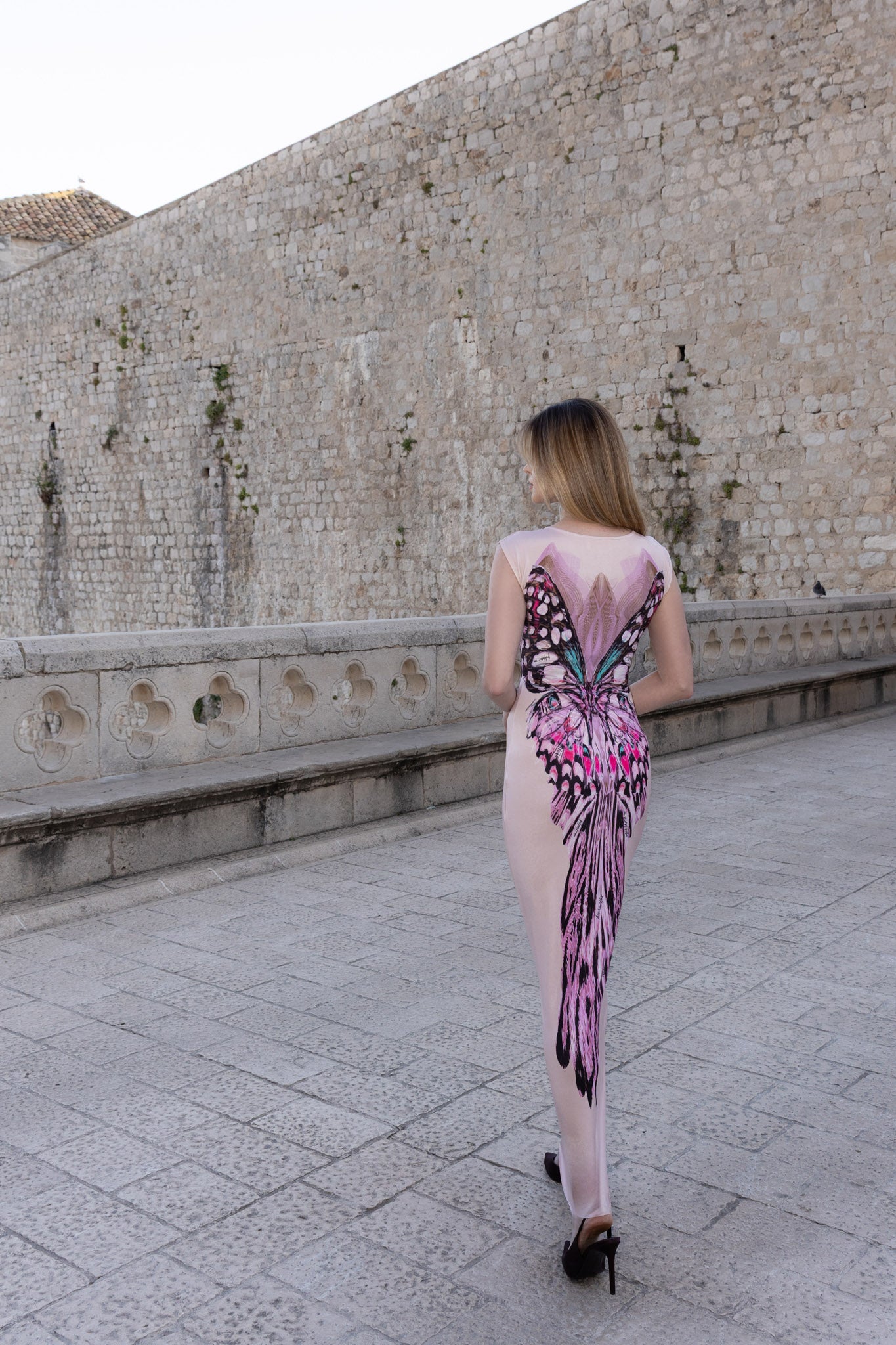 Beige Rose Pink Black Butterfly Long Sleeveless Maxi Dress