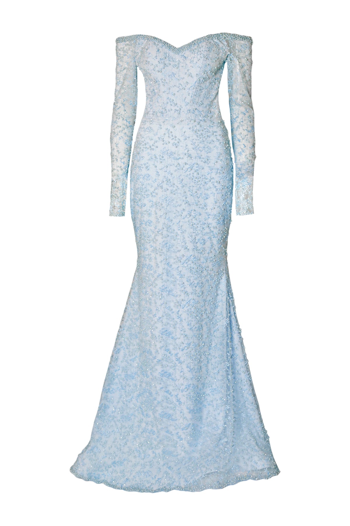 Baby Blue Corsetted Lace Beaded Gown
