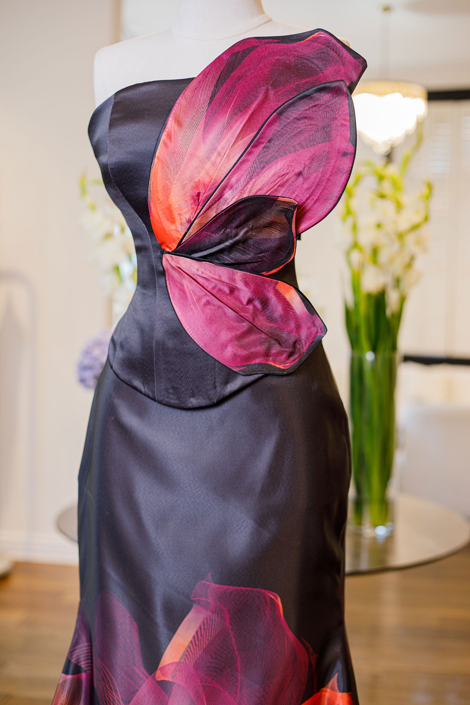 Black Fuchsia Orange Satin Flower Sculpture Corset