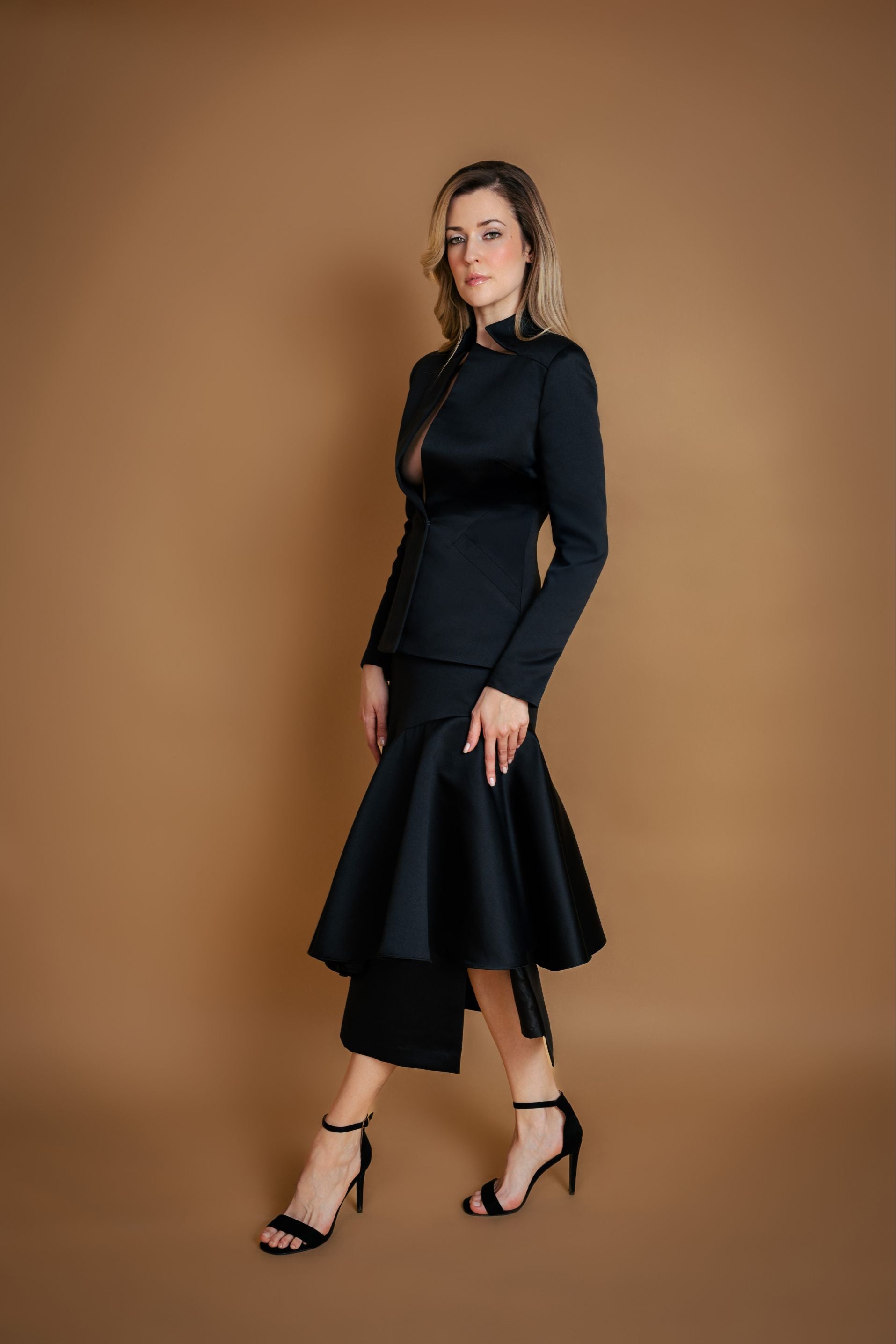 Black Satin Asymmetric Ruffle Skirt