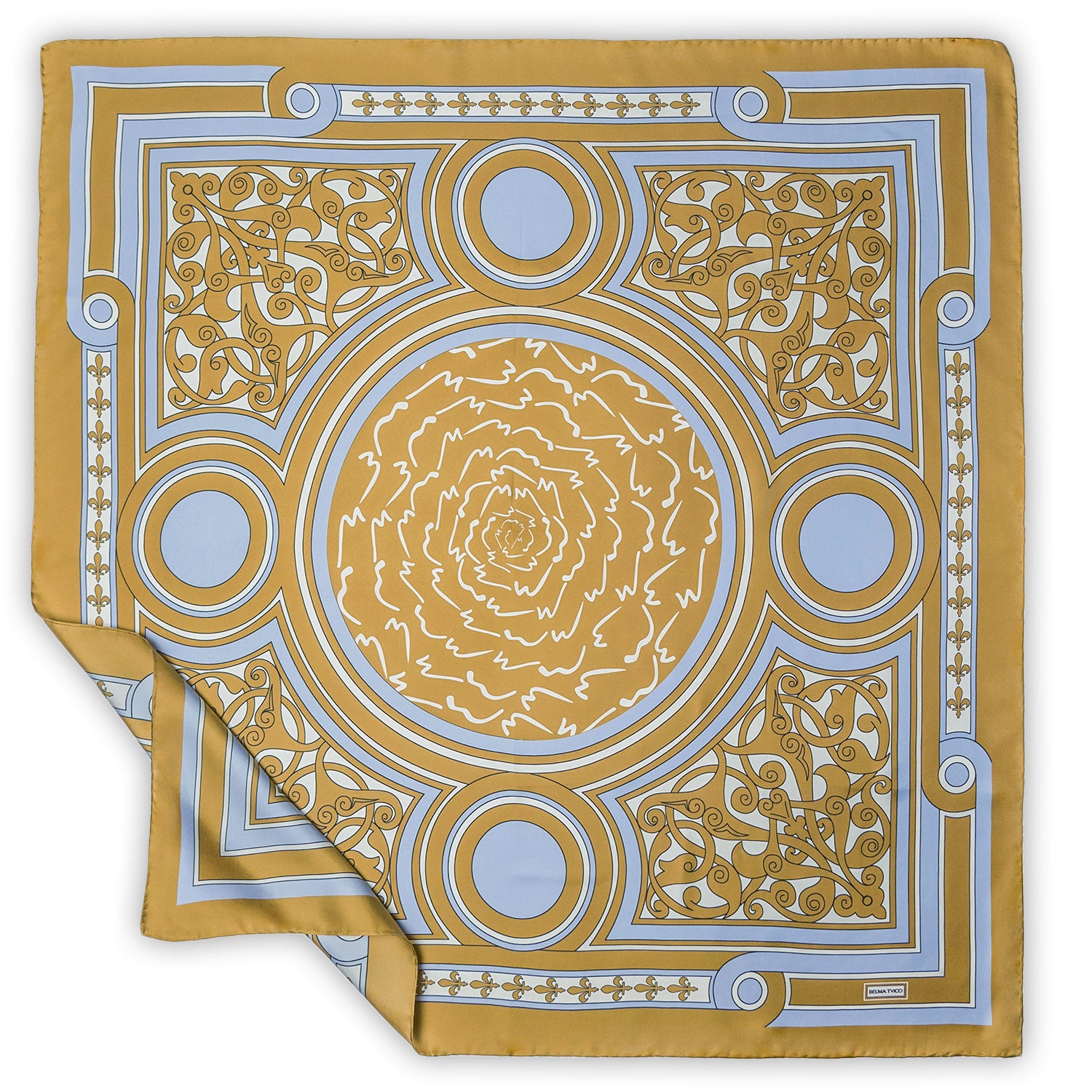 Golden Light Blue Arabesque Dream Silk Twill Scarf