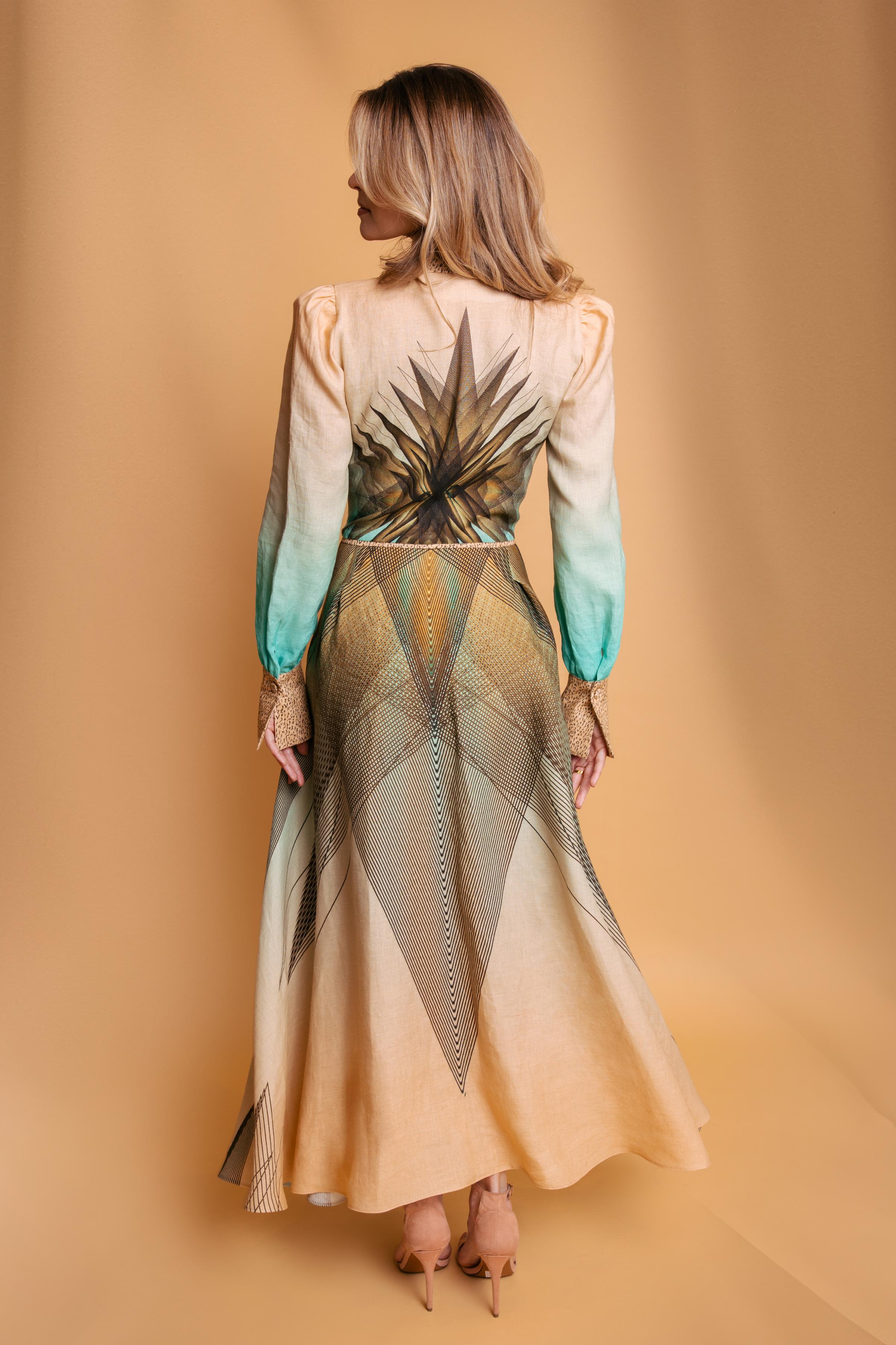 Green Beige Emerald Print Linen Maxi Dress Belma Tvico Green Beige Emerald Print Linen Maxi Dress Belma Tvico