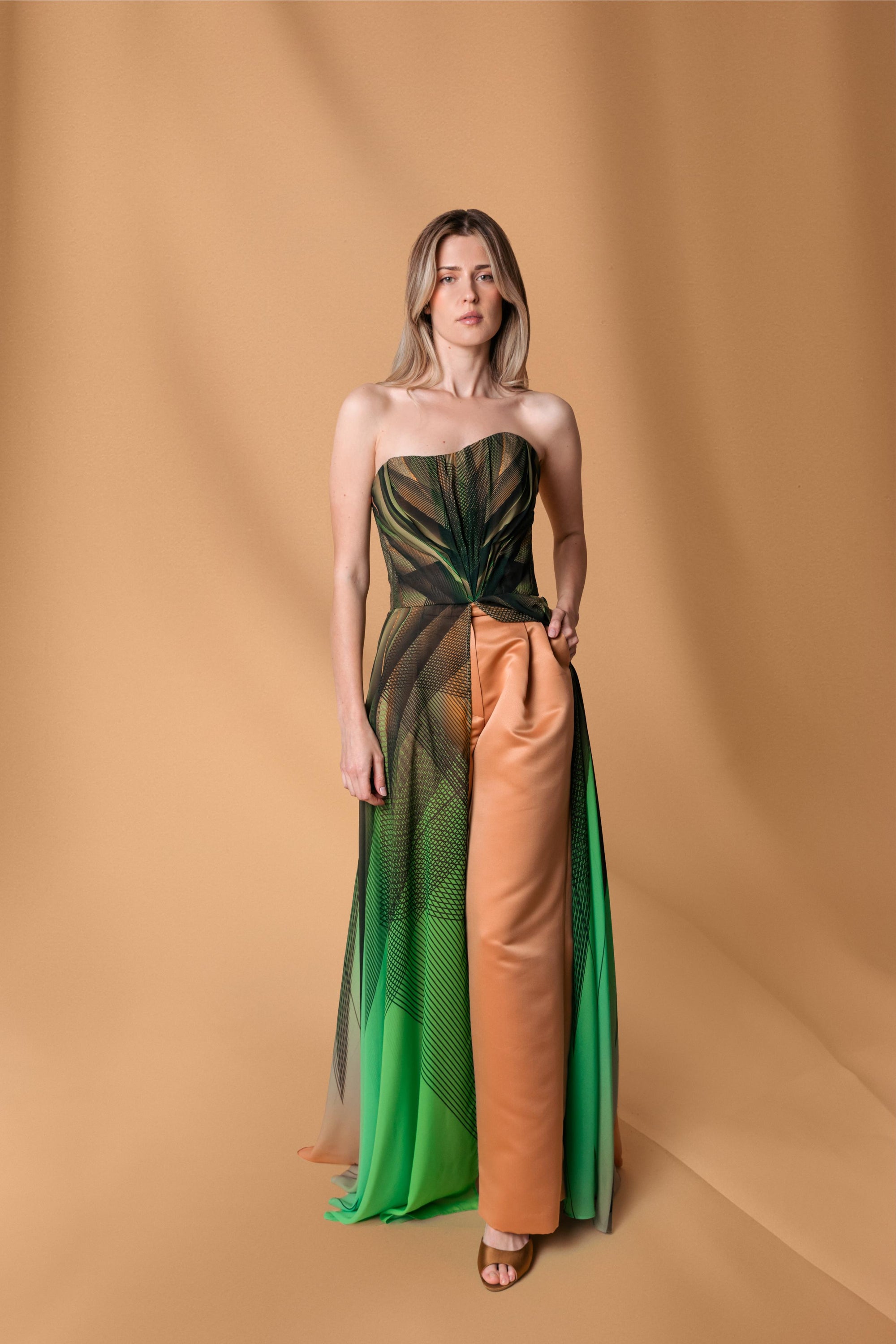 Green Bronze Corseted Chiffon Maxi Gown