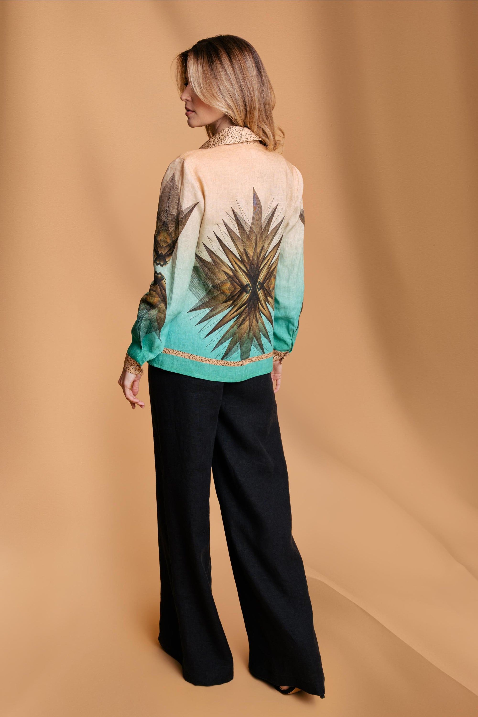 Green and Beige Emerald Print Linen Shirt