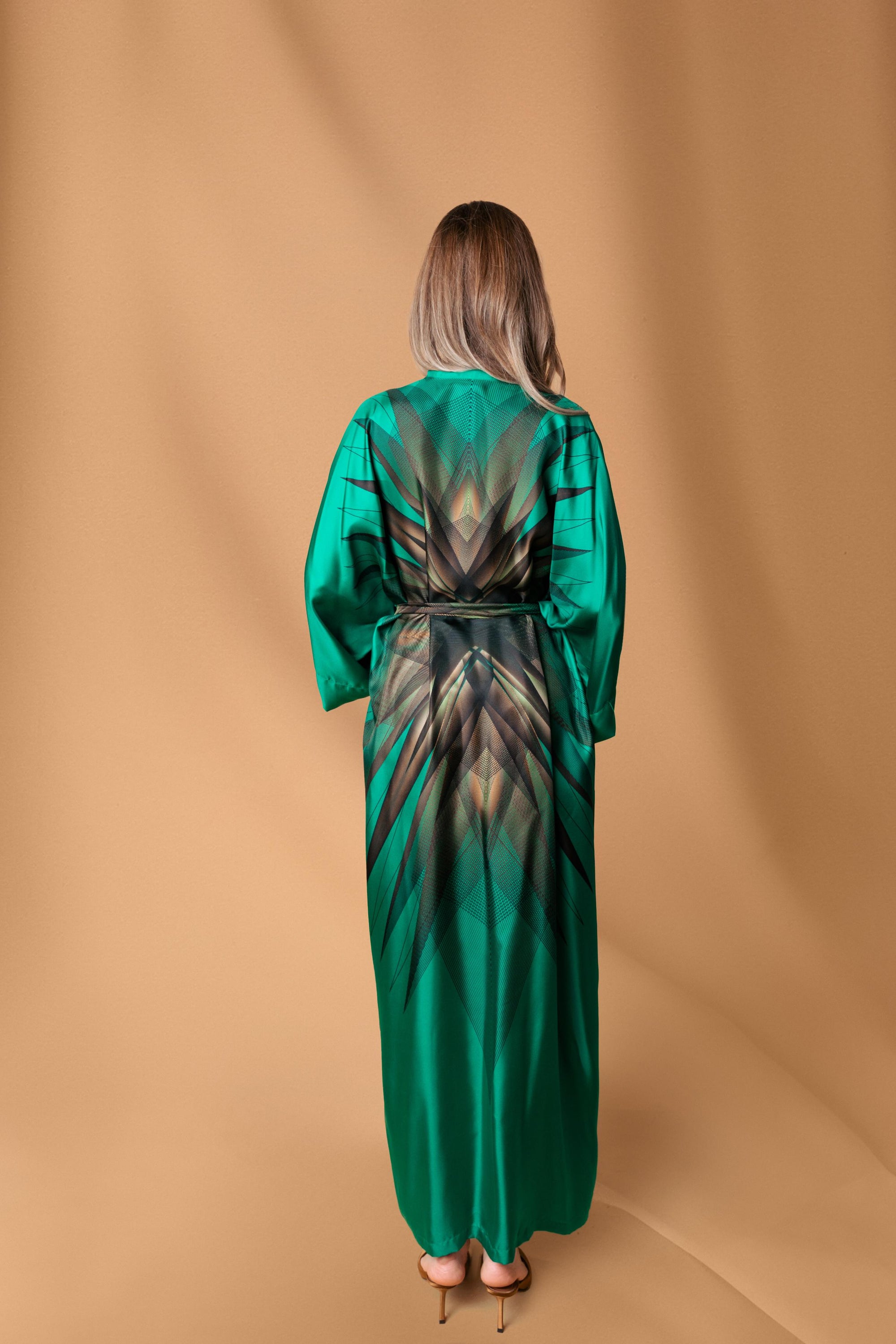 Green and Black Emerald Print Kimono Silk Dress