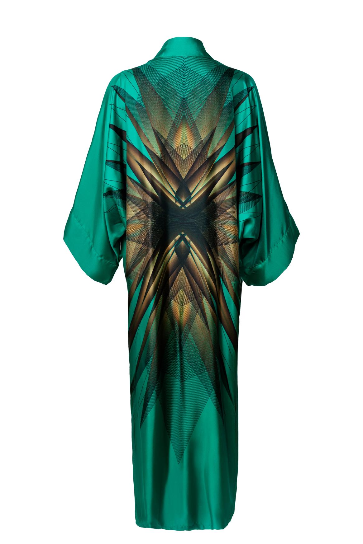 Green and Black Emerald Print Kimono Silk Dress