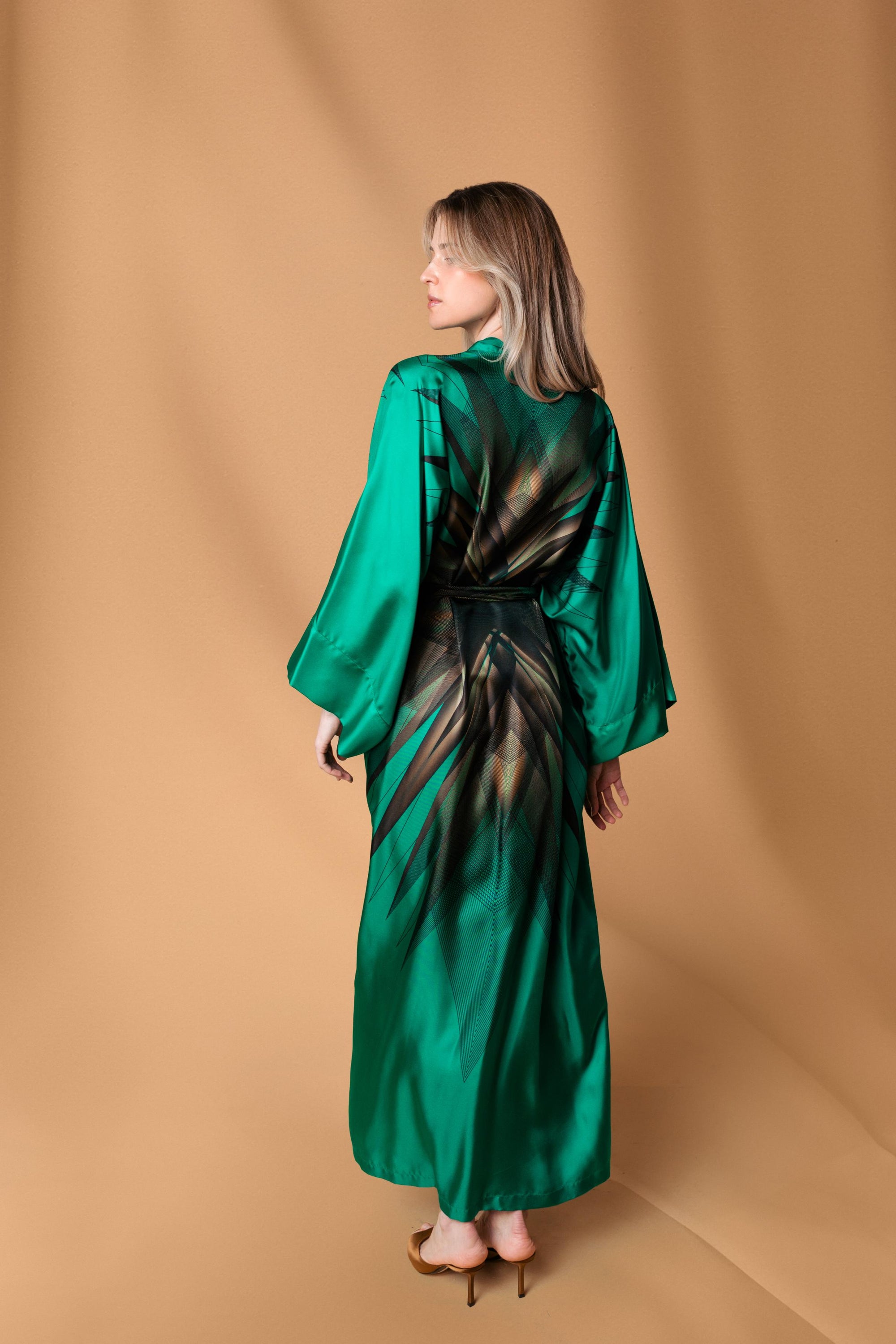 Green and Black Emerald Print Kimono Silk Dress