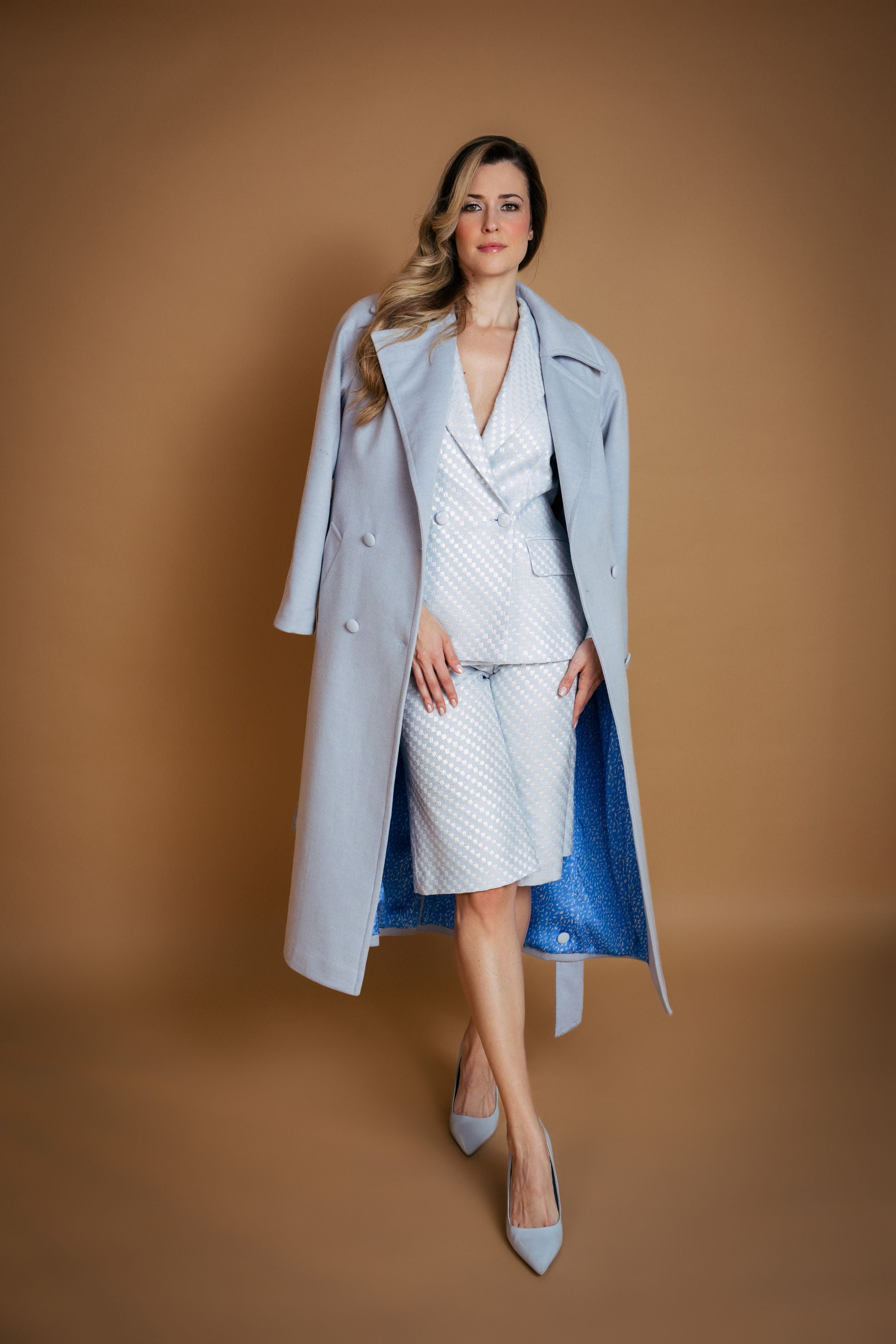 Light Blue Wool Blend Double Breasted Coat