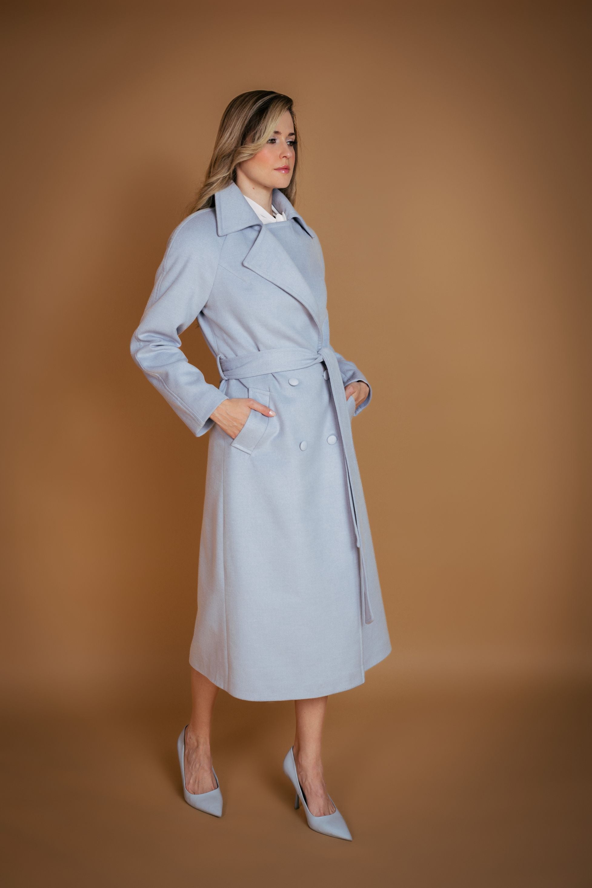 Light Blue Wool Blend Double Breasted Coat
