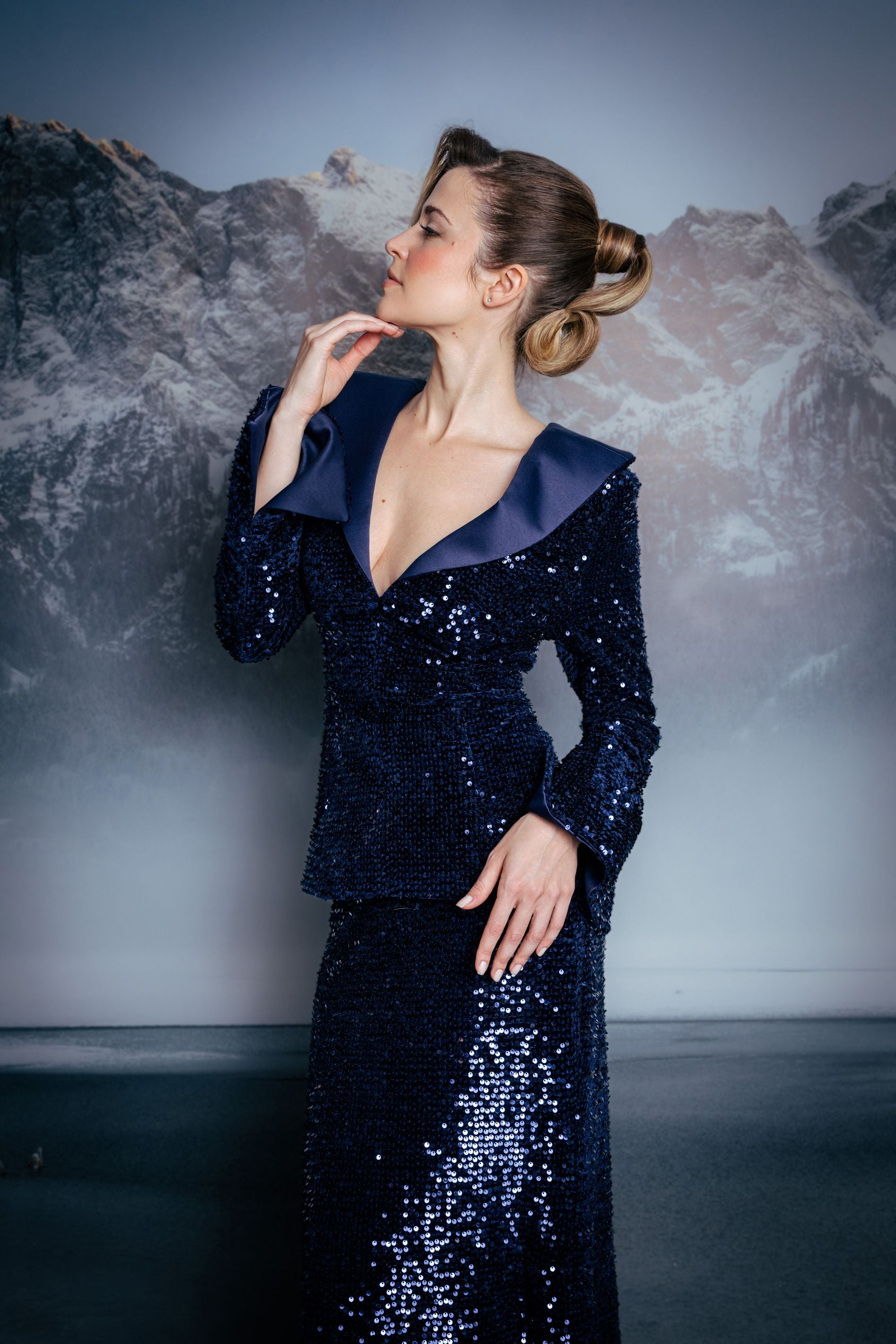 Navy Blue Sequin Velvet Back Tailored Blazer