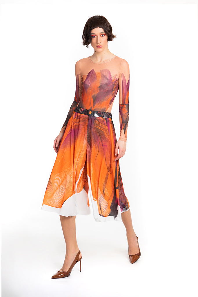 Orange Black White Printed Chiffon Expanding Harem Pants