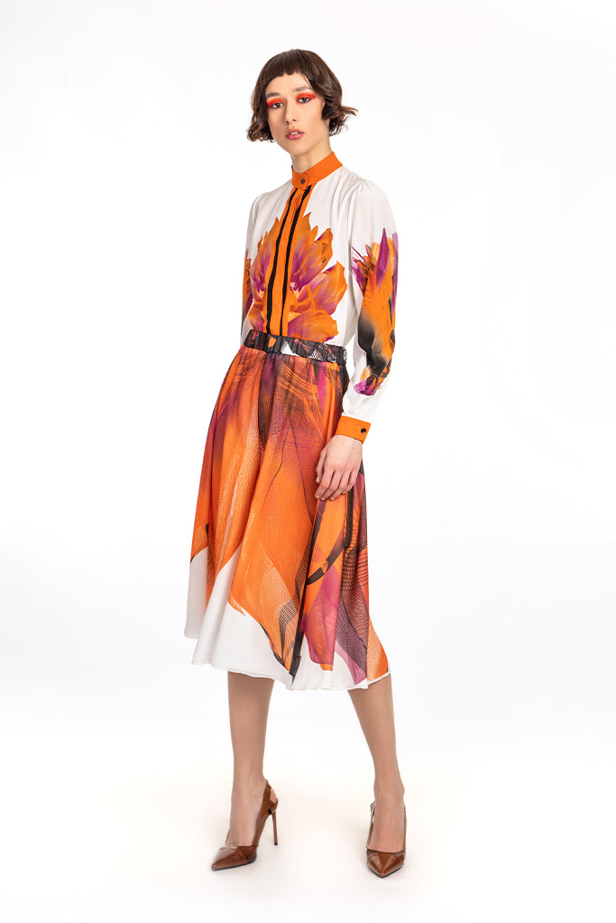 Orange Black White Printed Chiffon Expanding Harem Pants