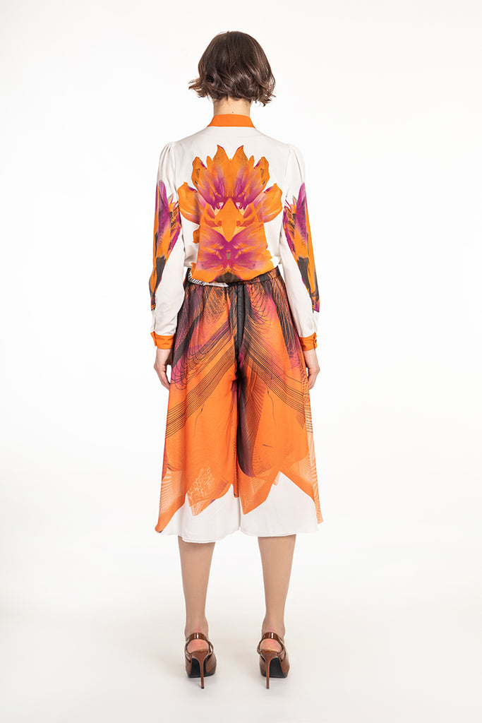 Orange Black White Printed Chiffon Expanding Harem Pants