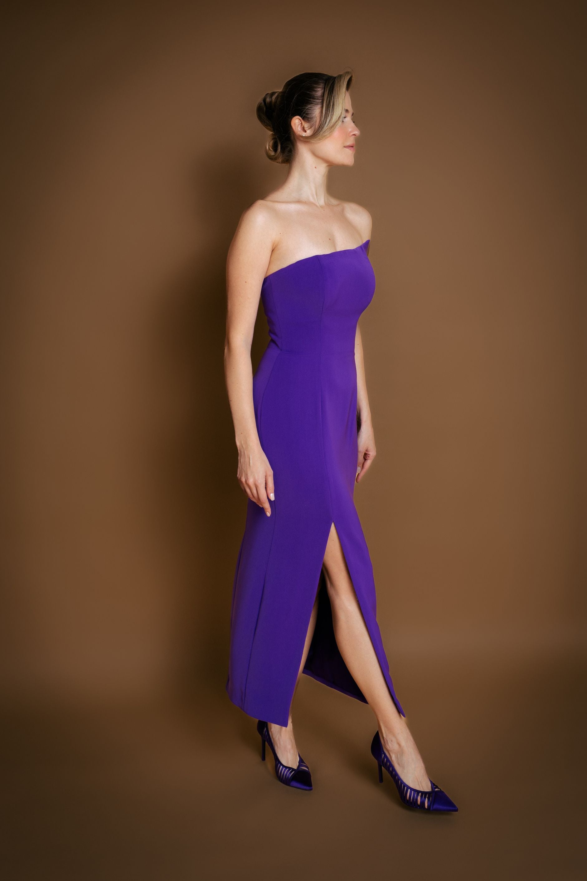 Purple Ankle Length Asymmetrical Neckline Dress – Belma Tvico
