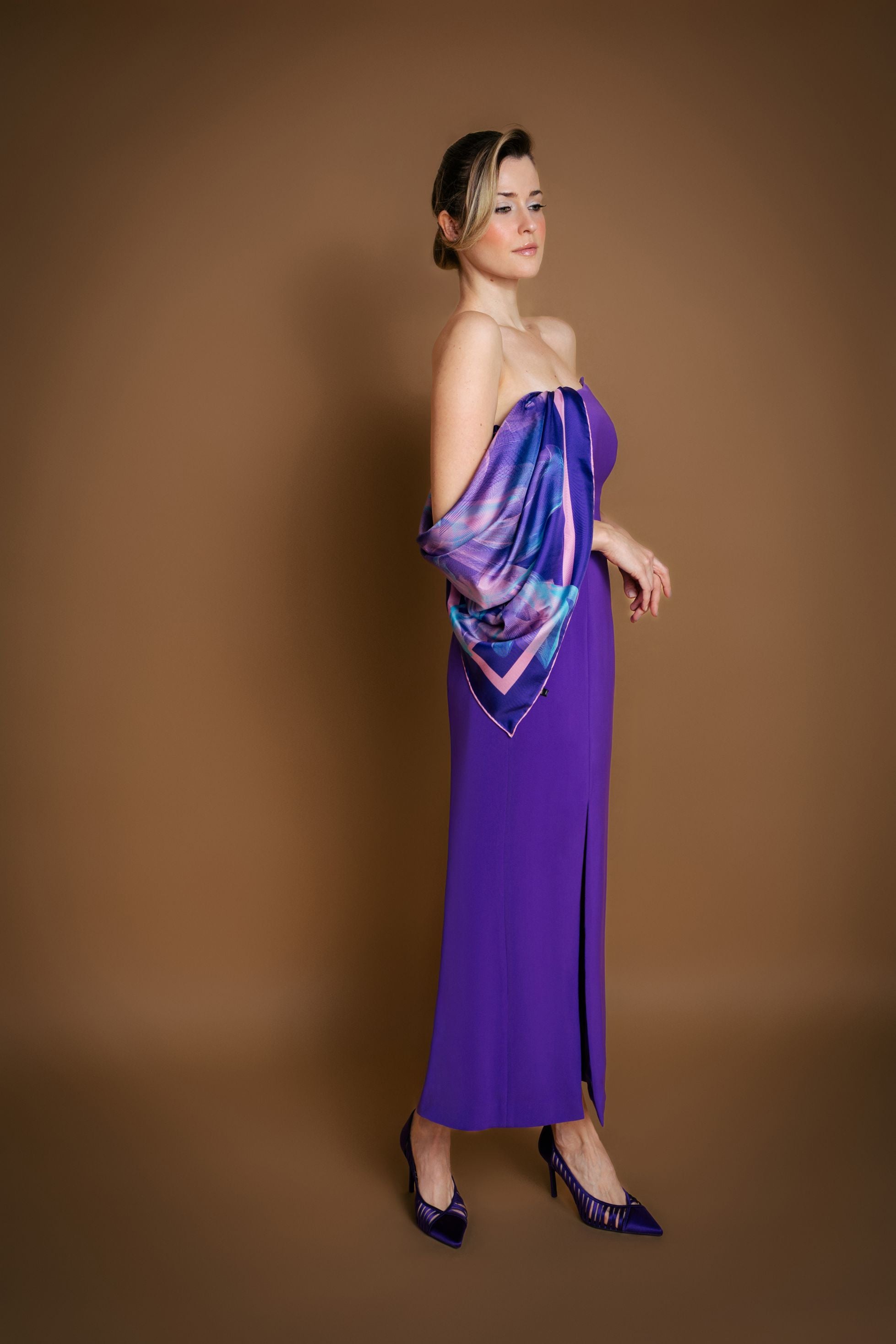 Purple Ankle Length Asymmetrical Neckline Dress