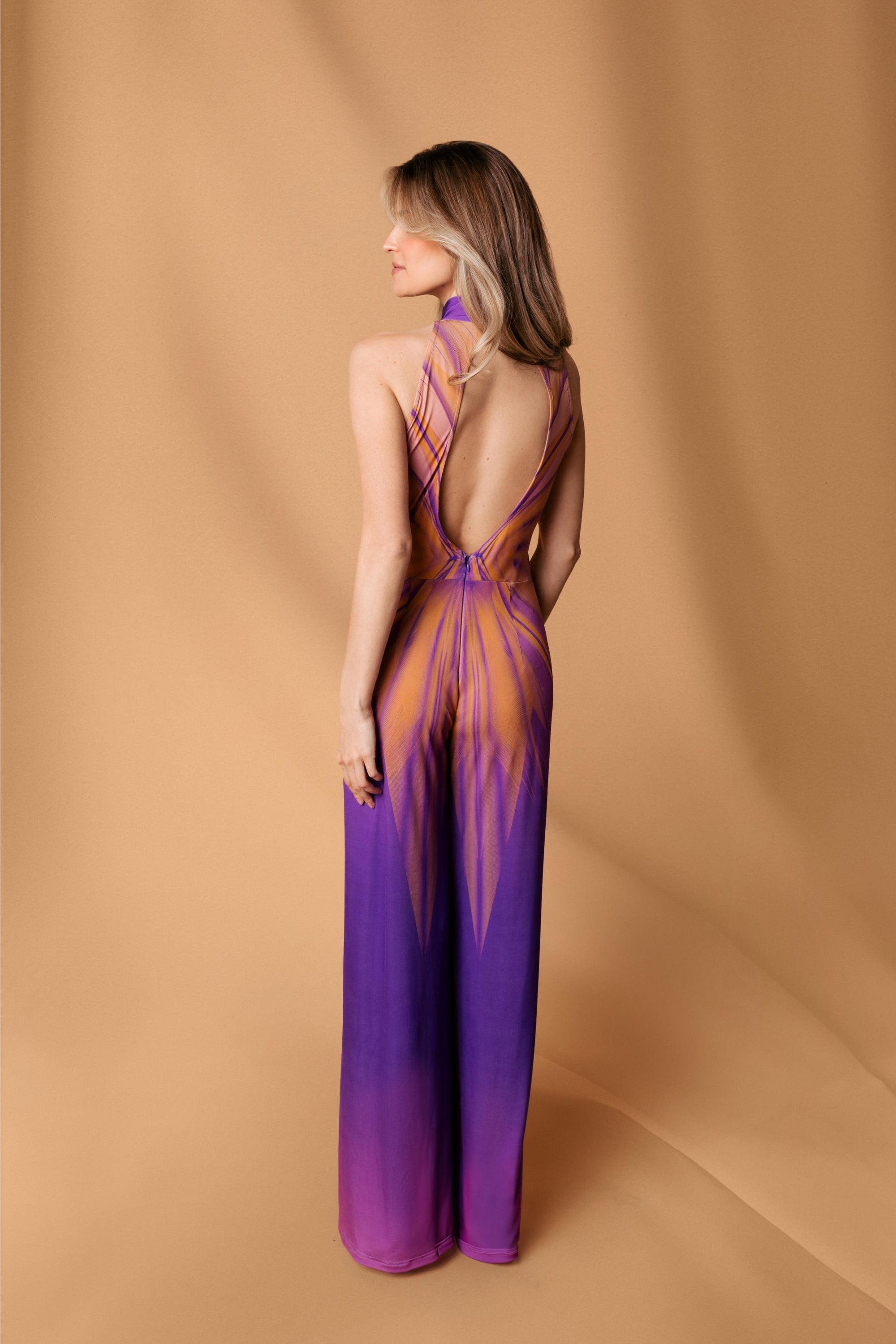 Purple Beige Custom Print Sleeveless Jumpsuit