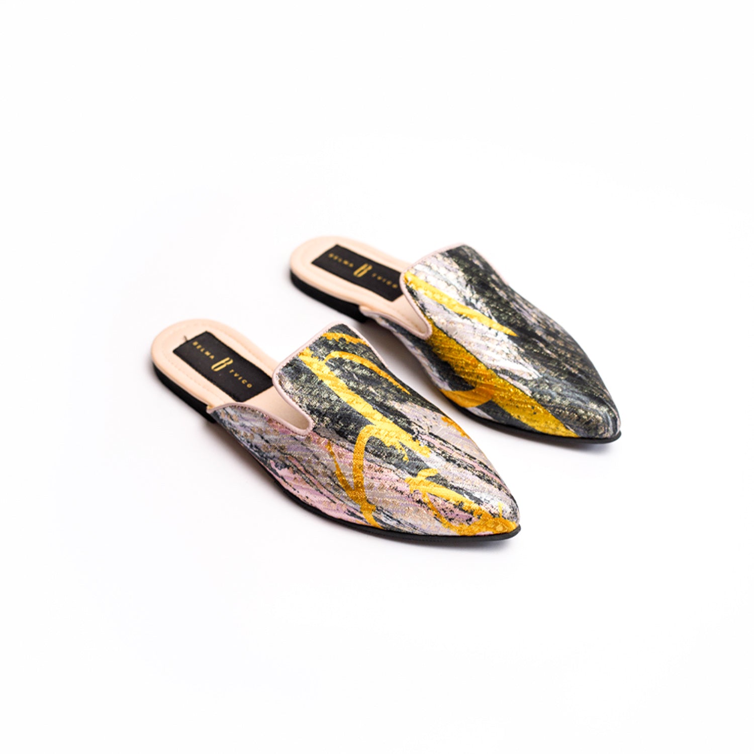Soft Pink Grey Yellow Pink Lines Brocade Slippers
