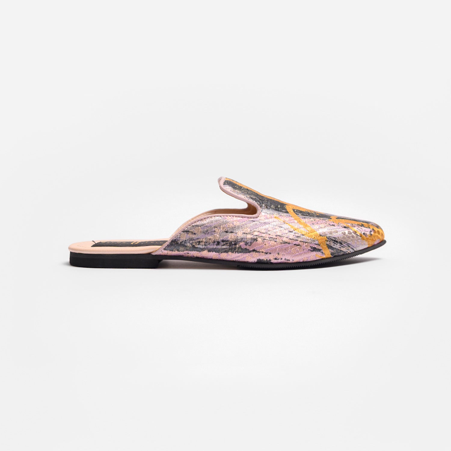 Soft Pink Grey Yellow Pink Lines Brocade Slippers