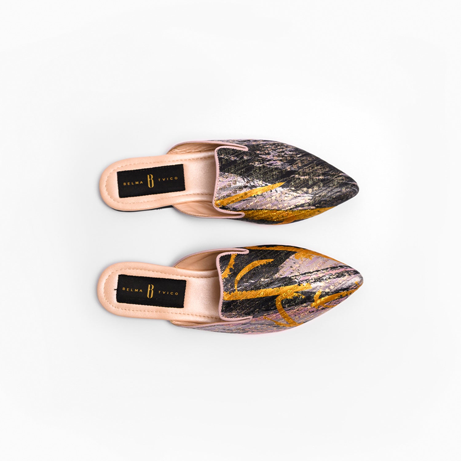 Soft Pink Grey Yellow Pink Lines Brocade Slippers