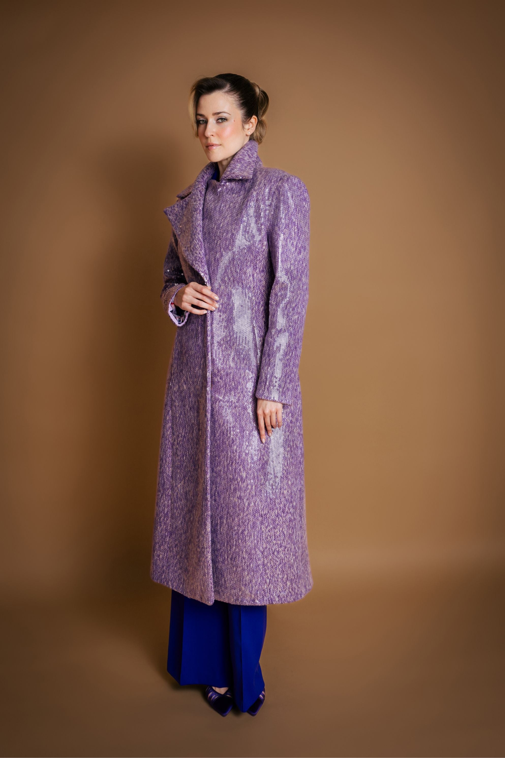 Violet Wide Lapel Wool Sequin Coat