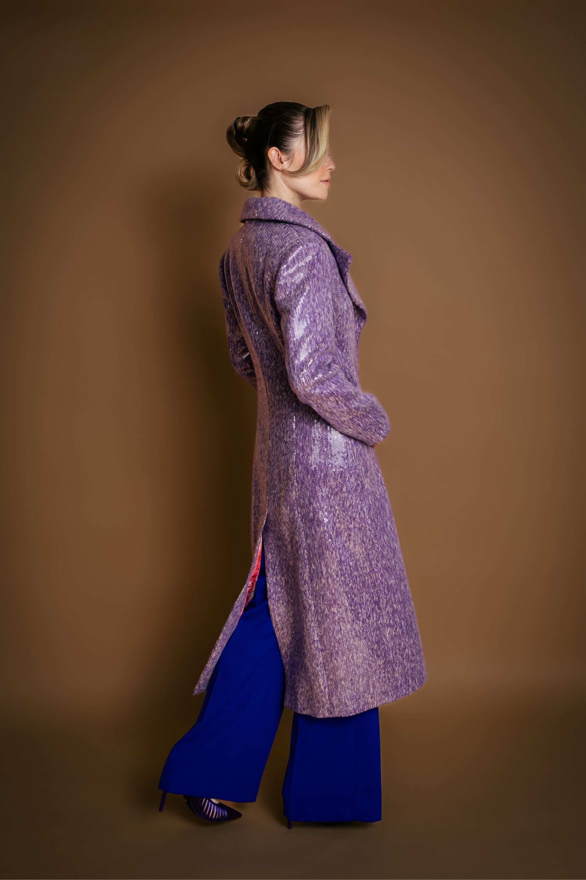Violet Wide Lapel Wool Sequin Coat