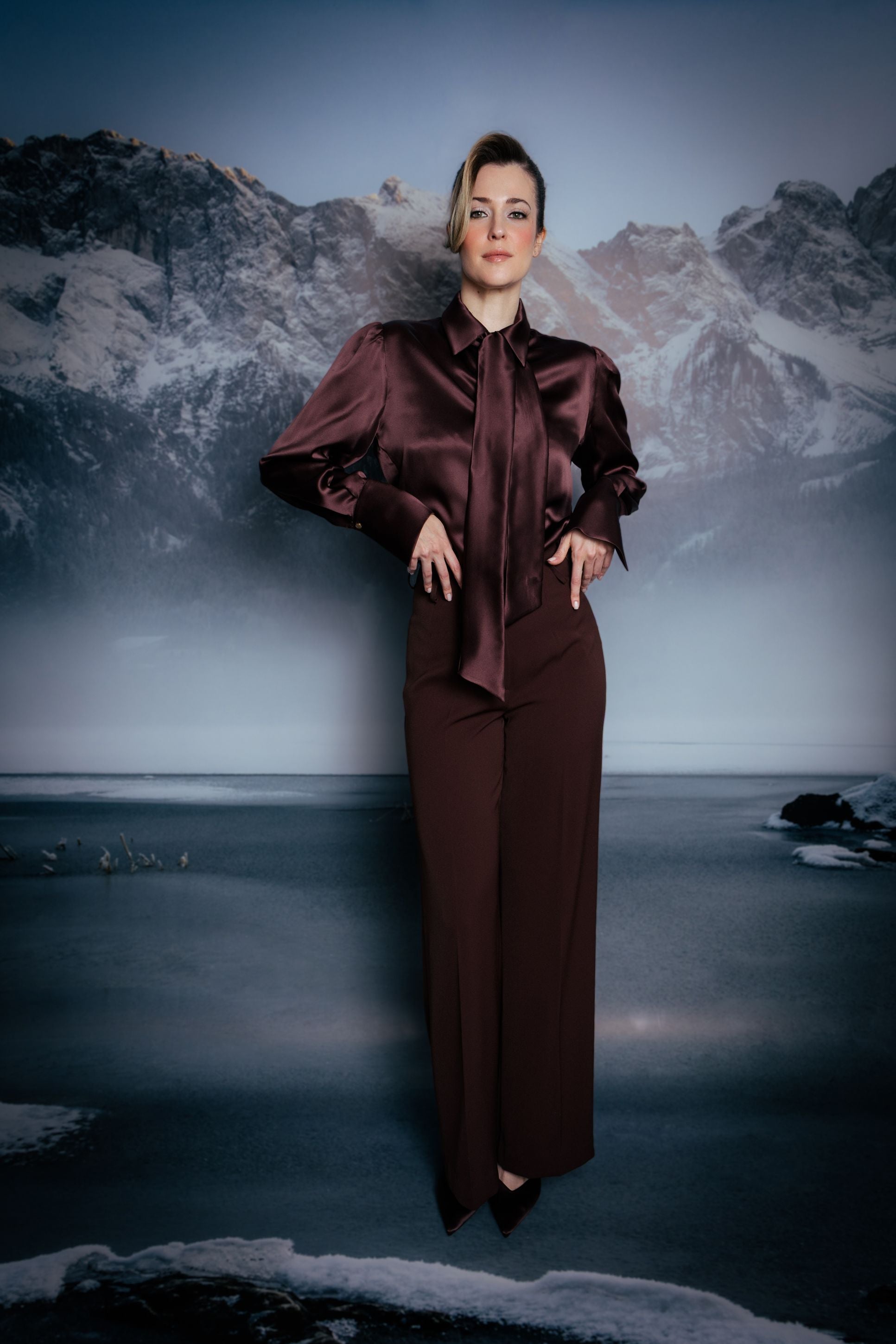 Walnut Brown Satin Silk Scarf Shirt