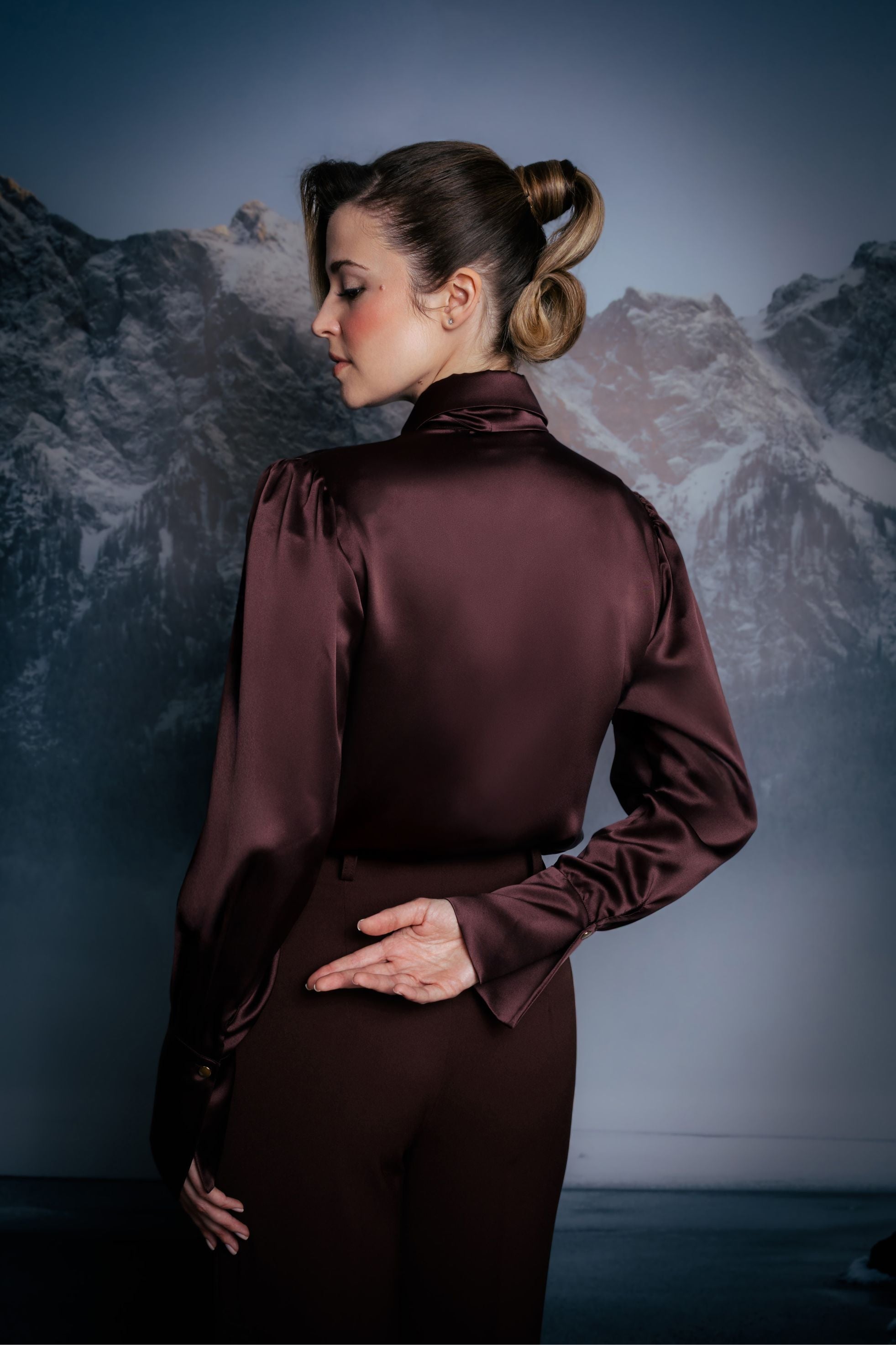 Walnut Brown Satin Silk Scarf Shirt