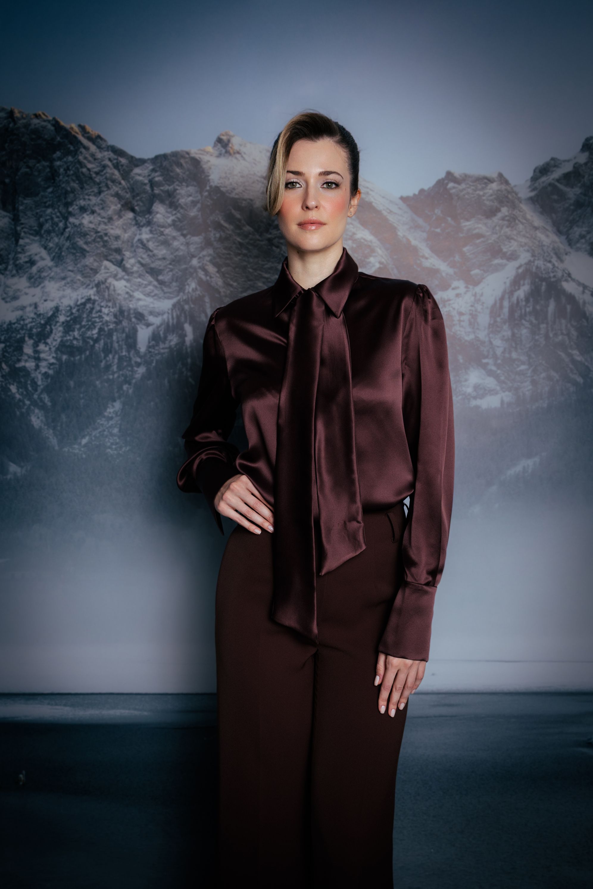 Walnut Brown Satin Silk Scarf Shirt