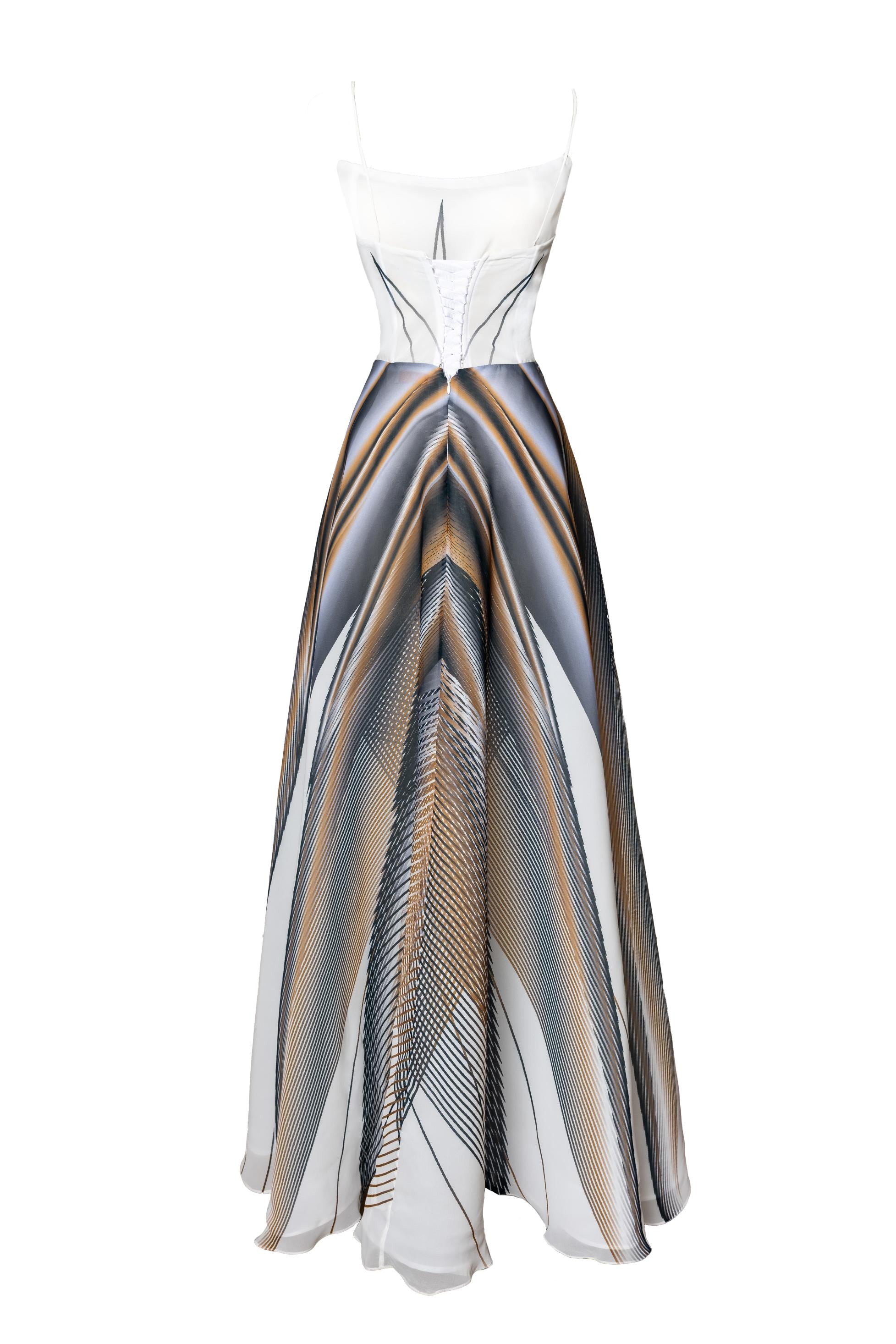 White Black Golden Celestia Print Organza Bodice Dress