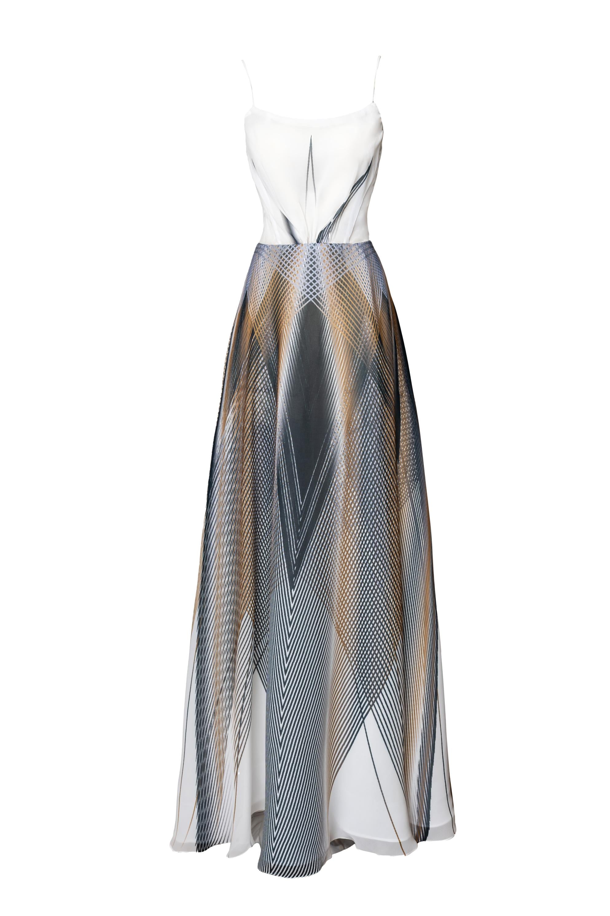 White Black Golden Celestia Print Organza Bodice Dress