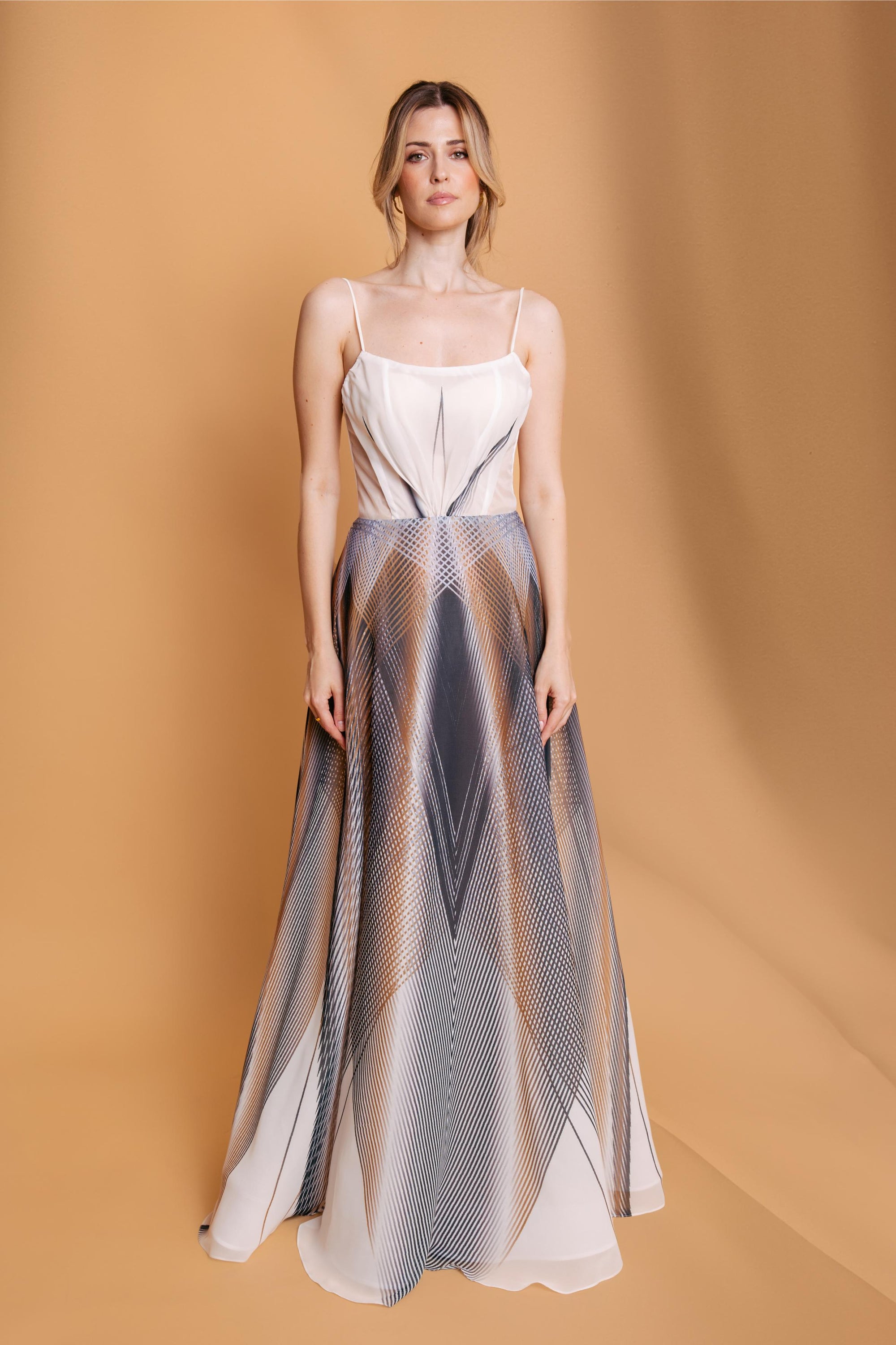 White Black Golden Celestia Print Organza Bodice Dress