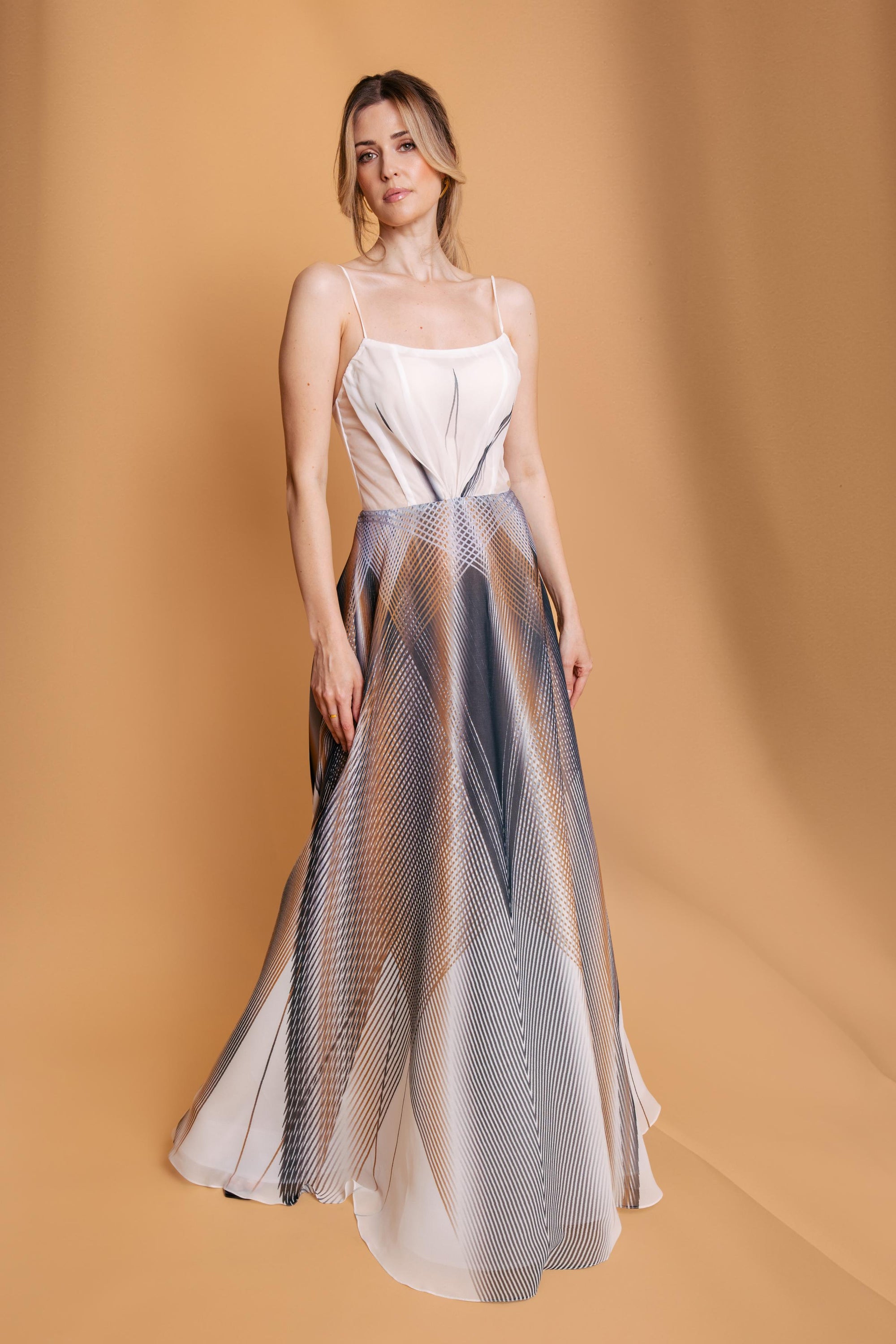 White Black Golden Celestia Print Organza Bodice Dress