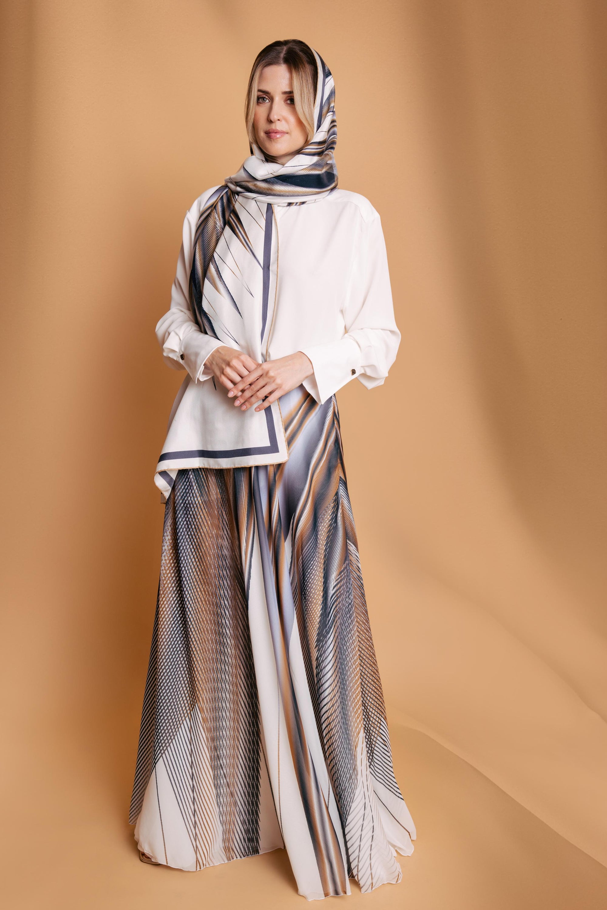 White and Black Gold Celestia Print Chiffon Maxi Skirt