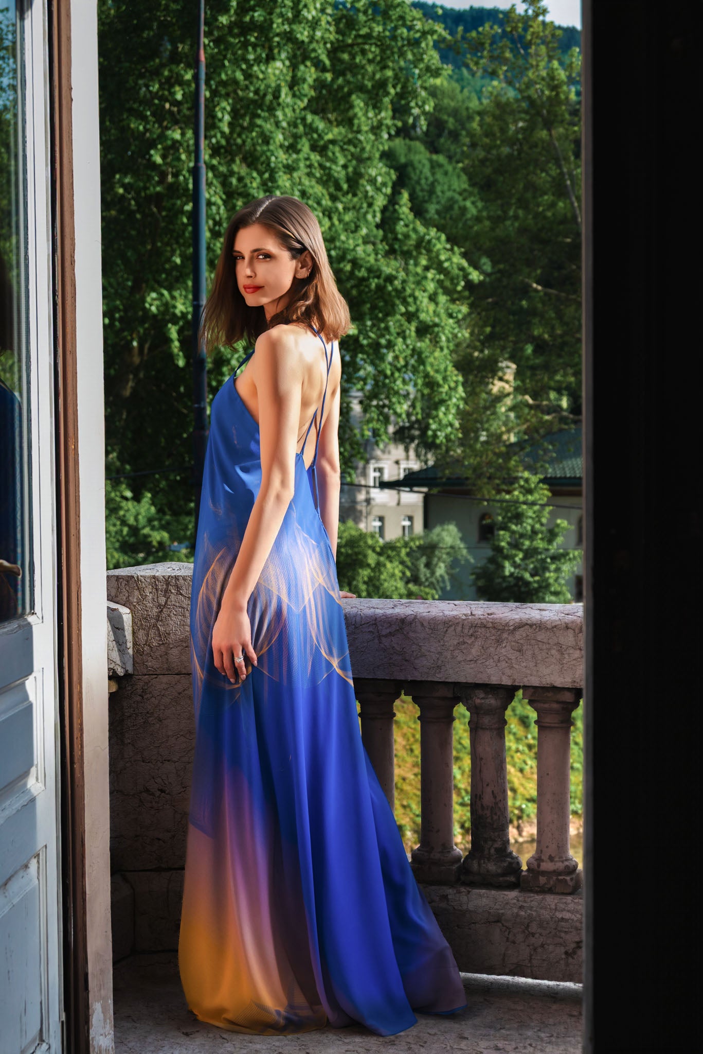 Blue and Yellow Lilium Bosniacum Gradient Chiffon Maxi Dress