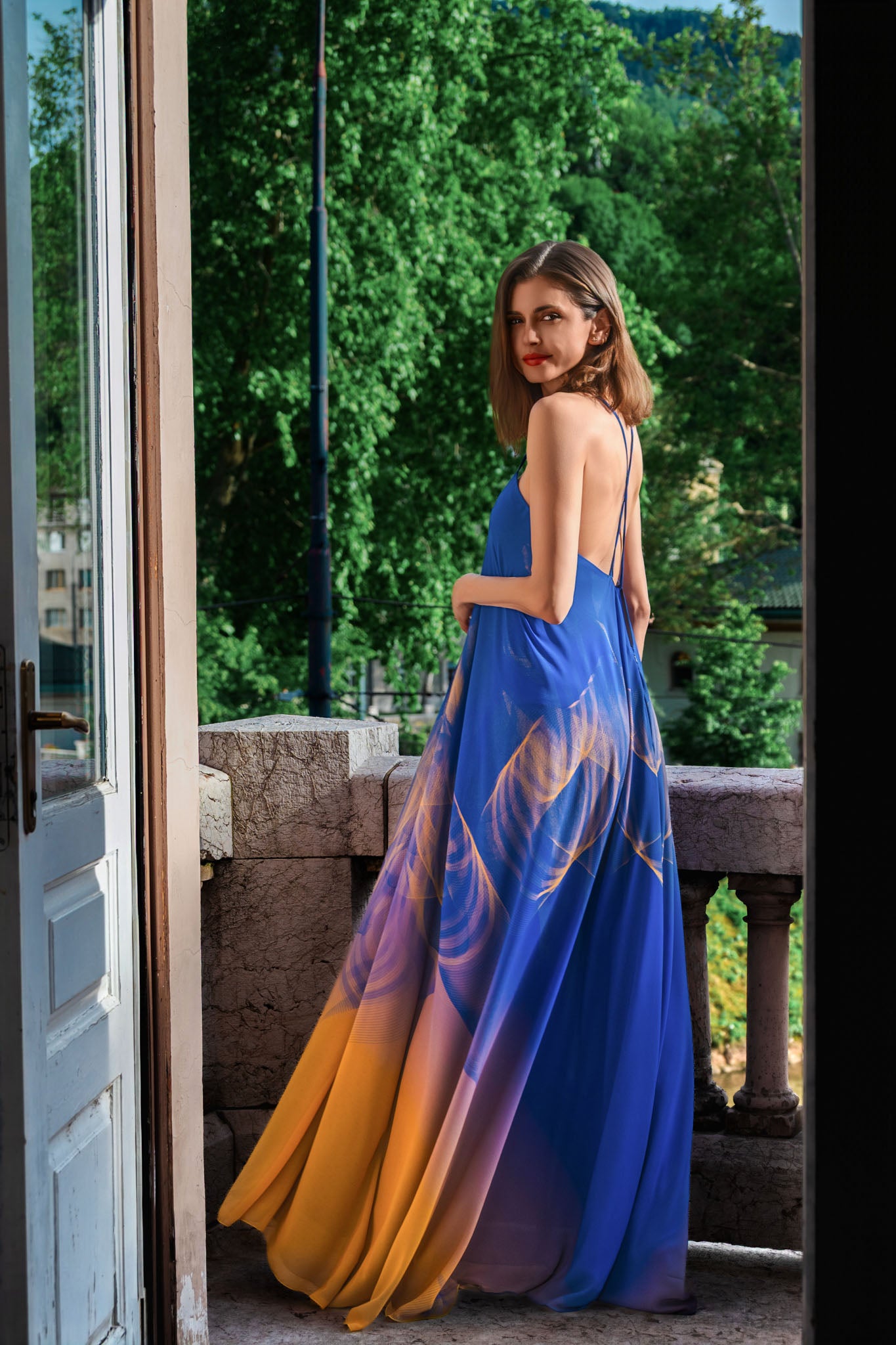 Blue and Yellow Lilium Bosniacum Gradient Chiffon Maxi Dress
