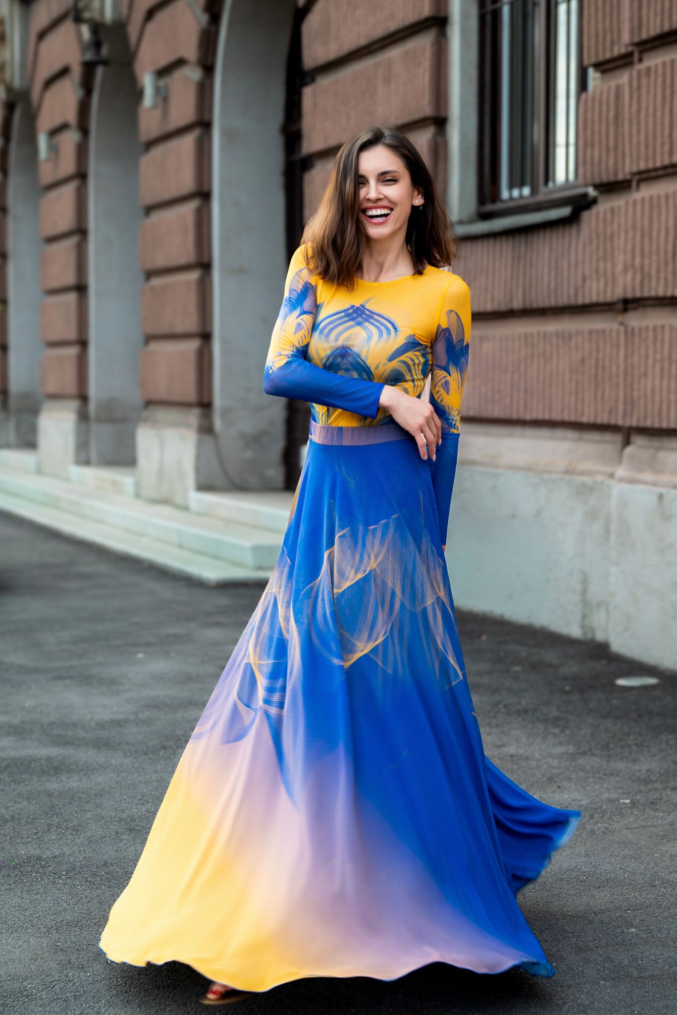 Yellow and Blue Lilium Bosniacum Print Bodysuit