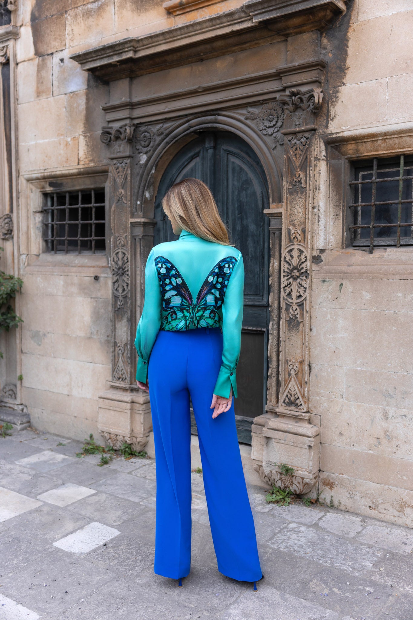 Blue Crepe Pleated Straight Leg Trousers