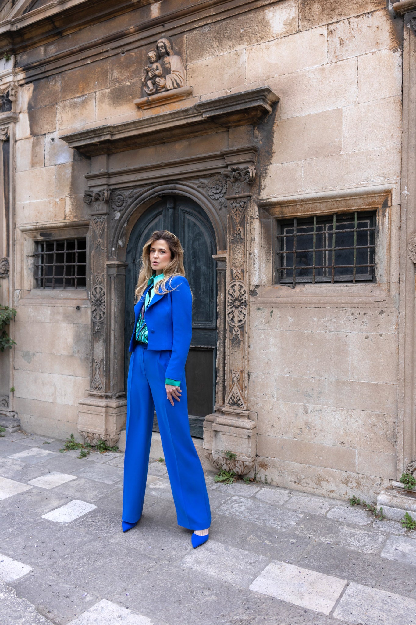 Blue Crepe Pleated Straight Leg Trousers