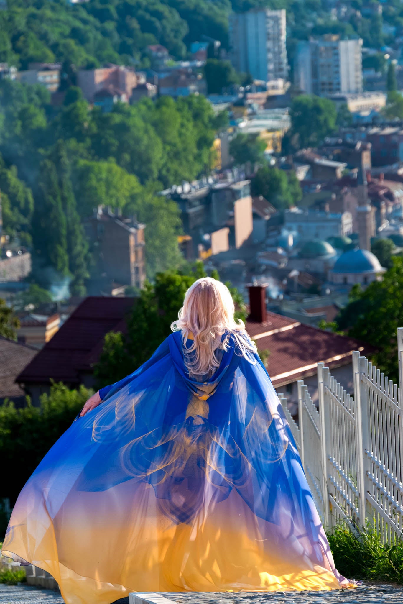 Blue and Yellow Bosniacum Custom  Print Hooded Abaya Cape