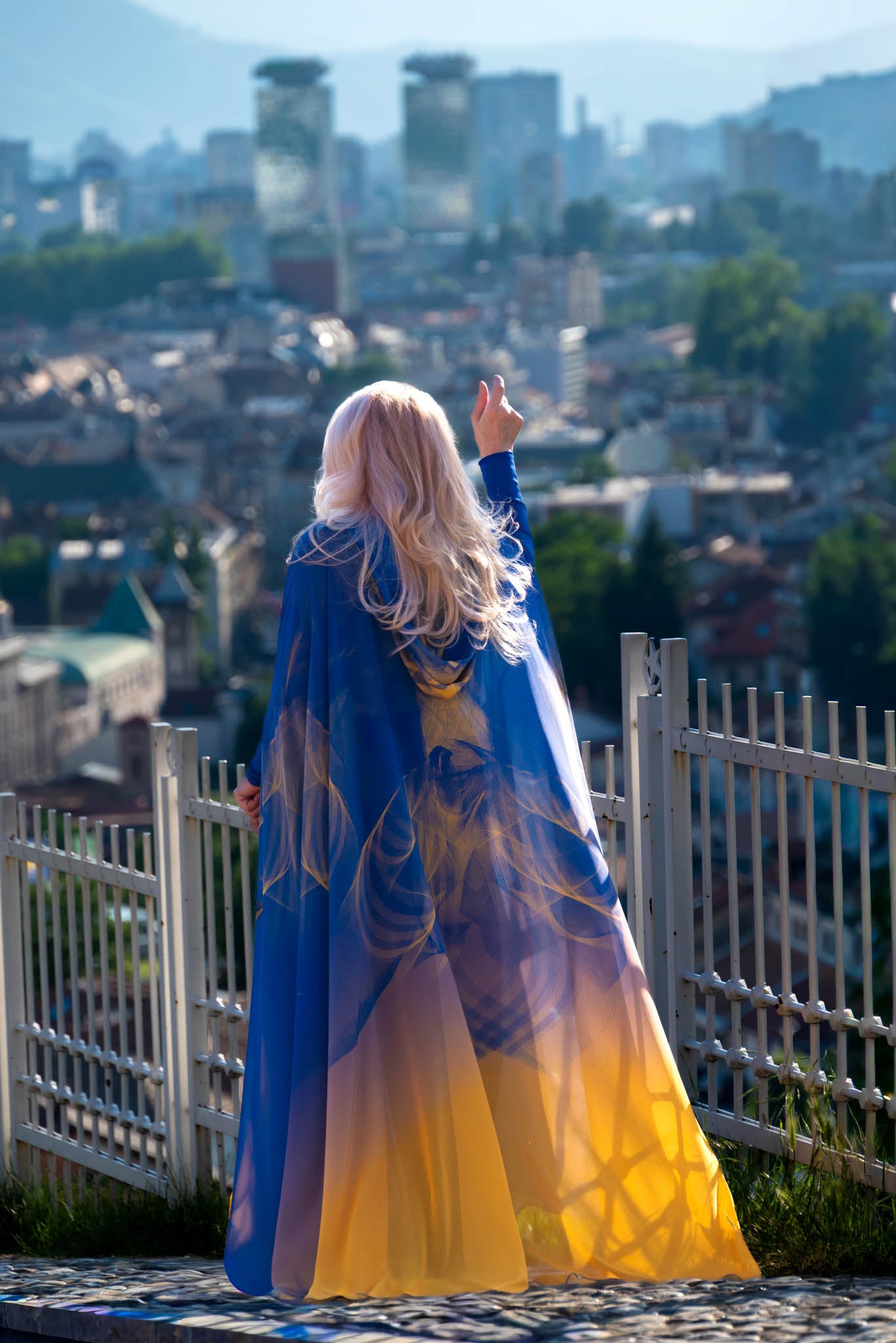 Blue and Yellow Bosniacum Custom  Print Hooded Abaya Cape