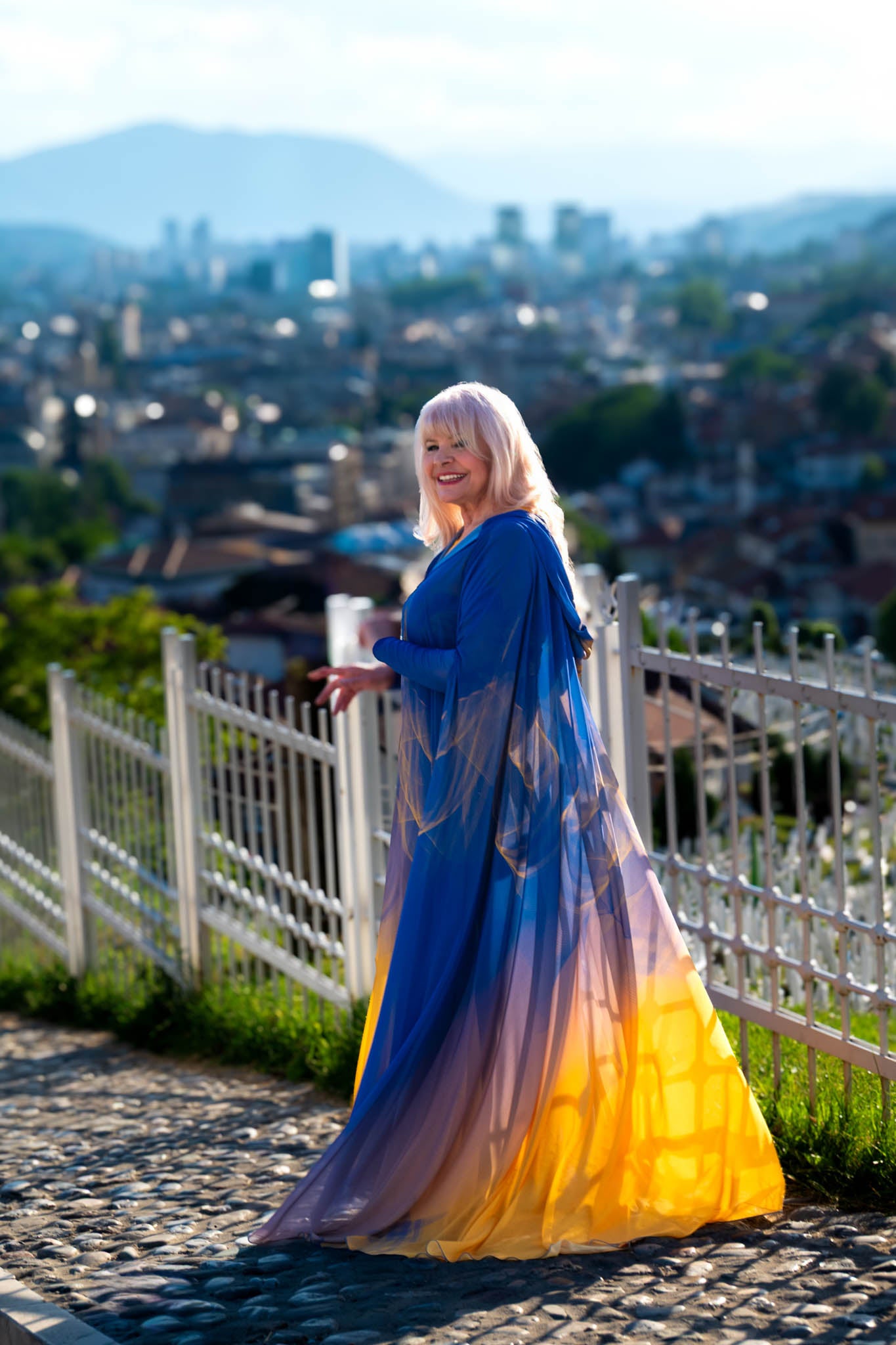Blue and Yellow Bosniacum Custom  Print Hooded Abaya Cape
