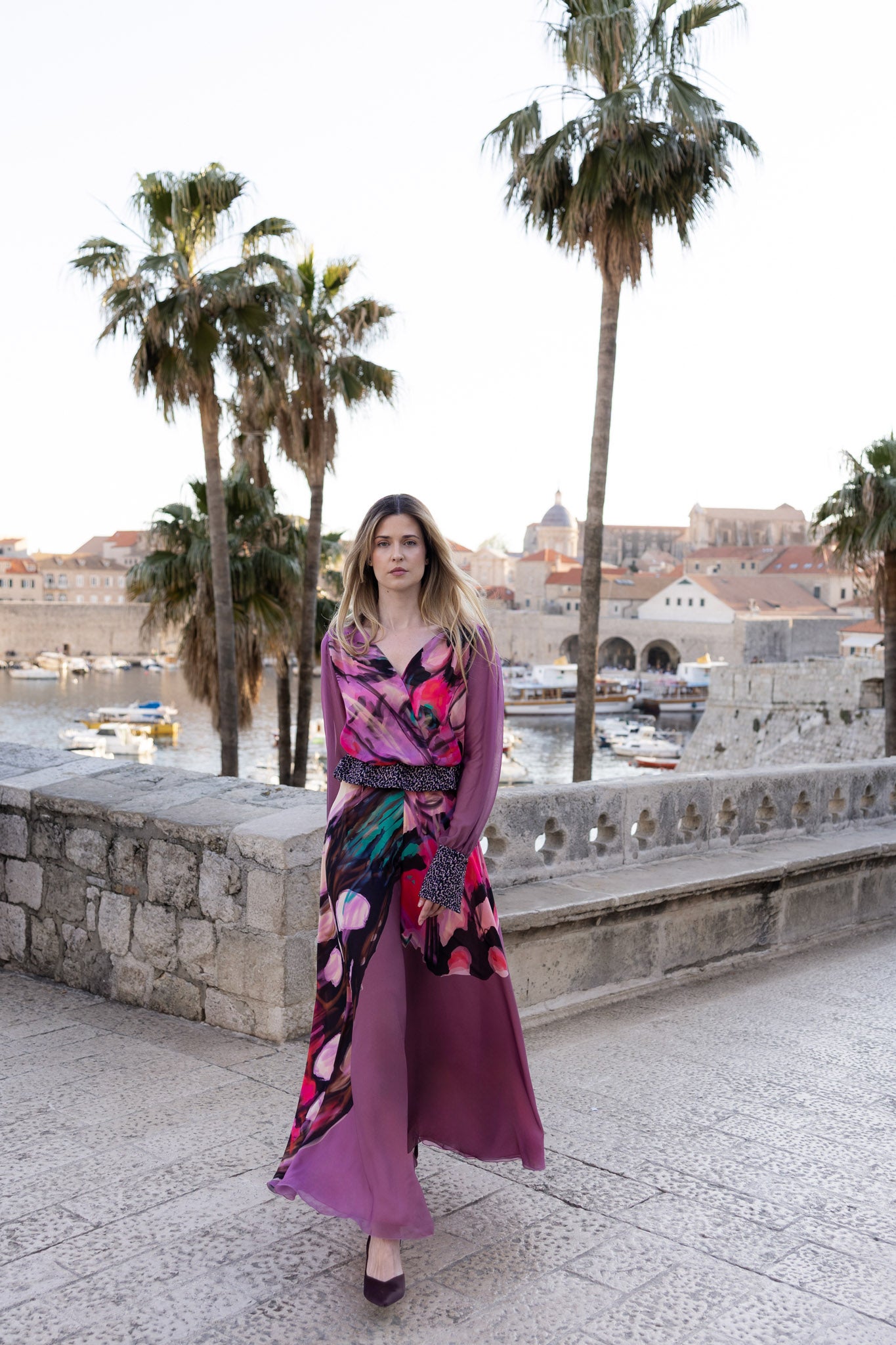 Brown and Rose Pink Butterfly Print Chiffon Wide Leg Trousers